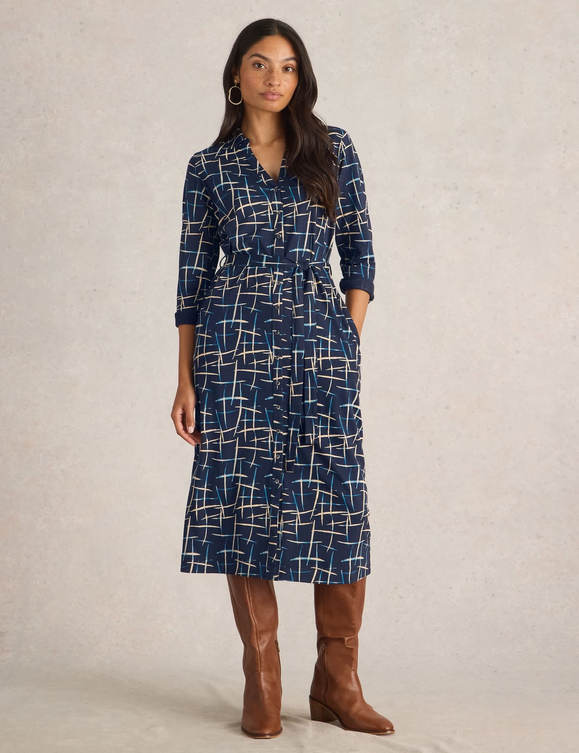 White Stuff Women's Cotton Blend Jersey Printed Midi Shirt Dress - 16REG - Navy Mix, Navy Mix