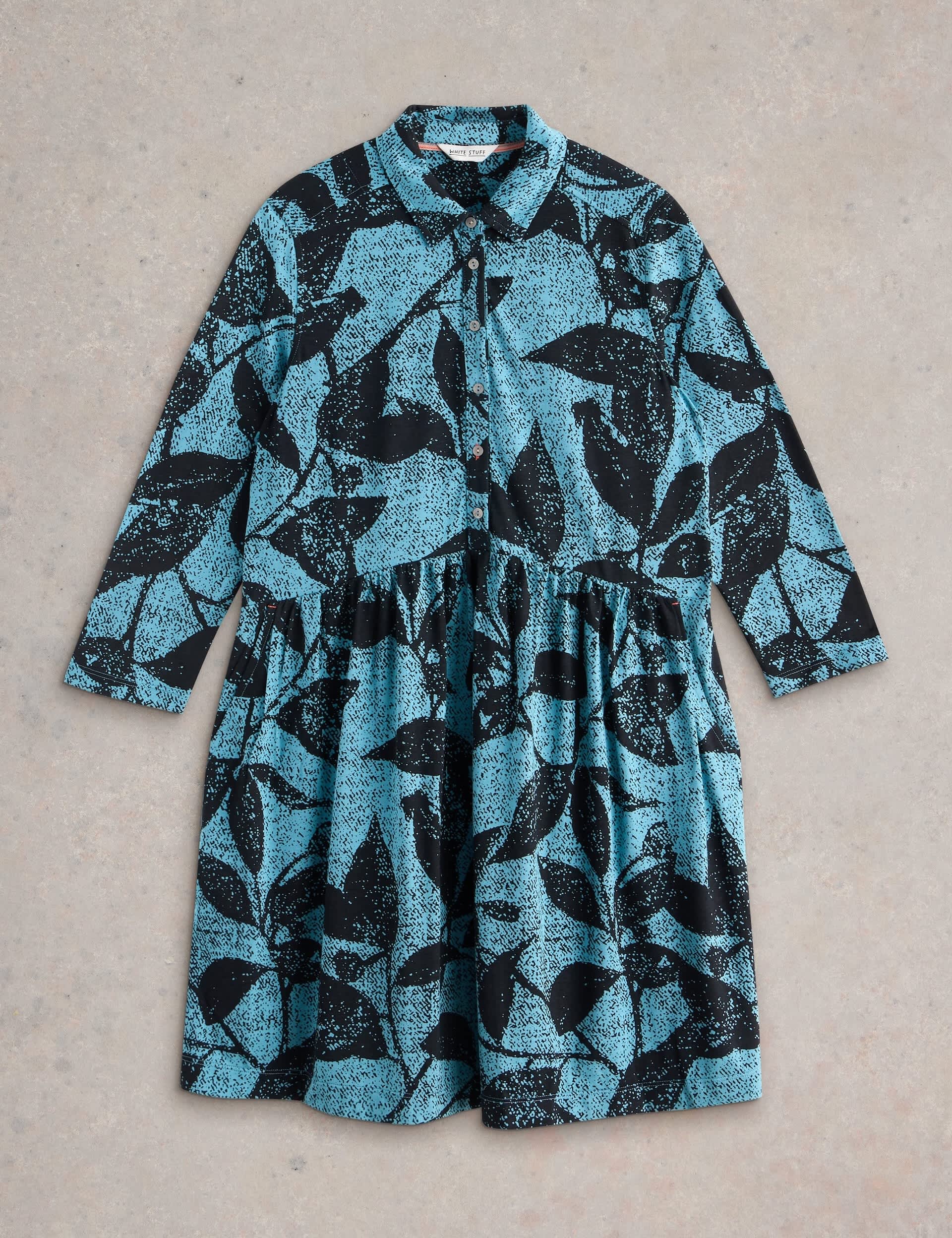 White Stuff Women's Jersey Leaf Print Knee Length Shirt Dress - 12REG - Blue Mix, Blue Mix