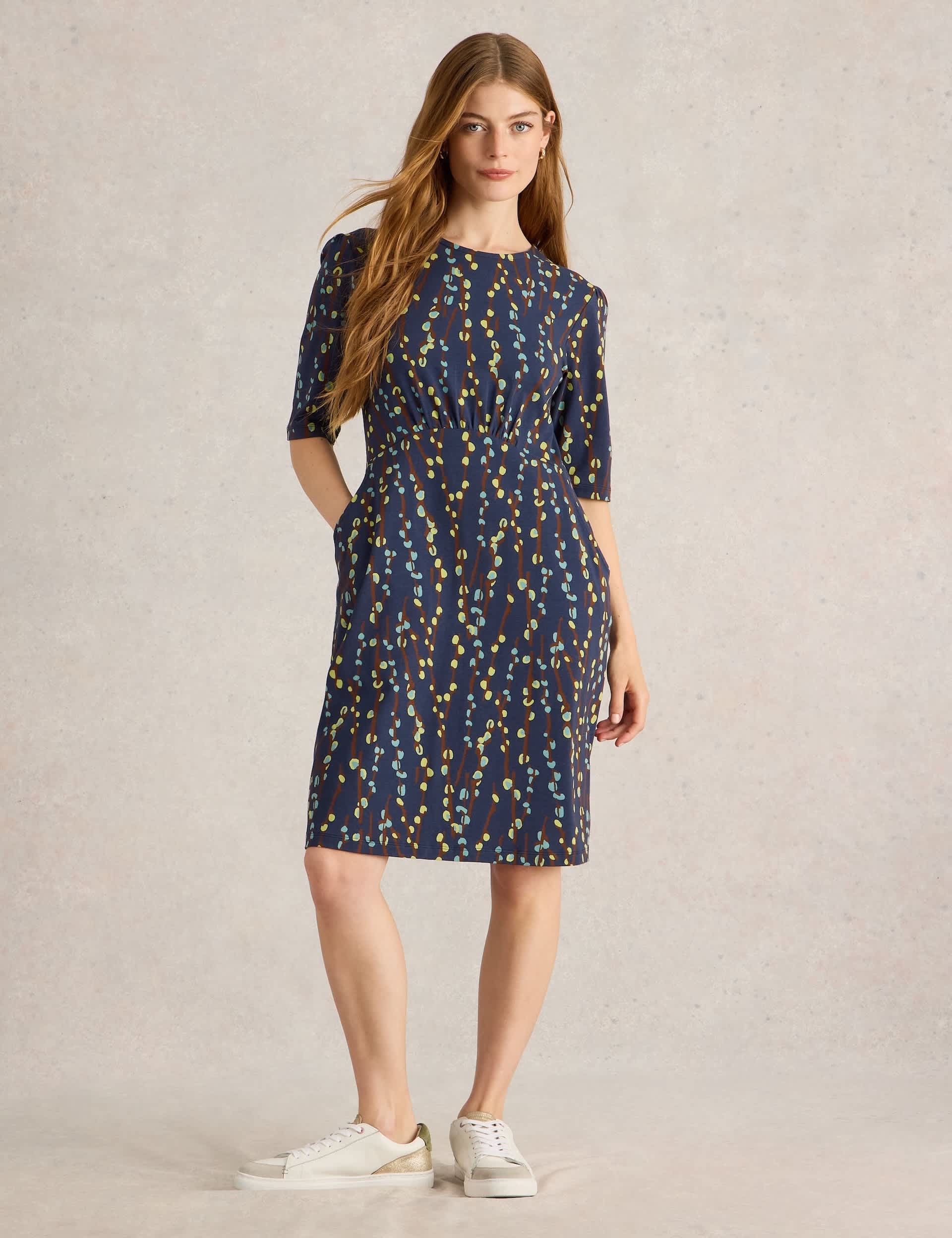 White Stuff Women's Jersey Printed Knee Length Waisted Dress - 14REG - Navy Mix, Navy Mix