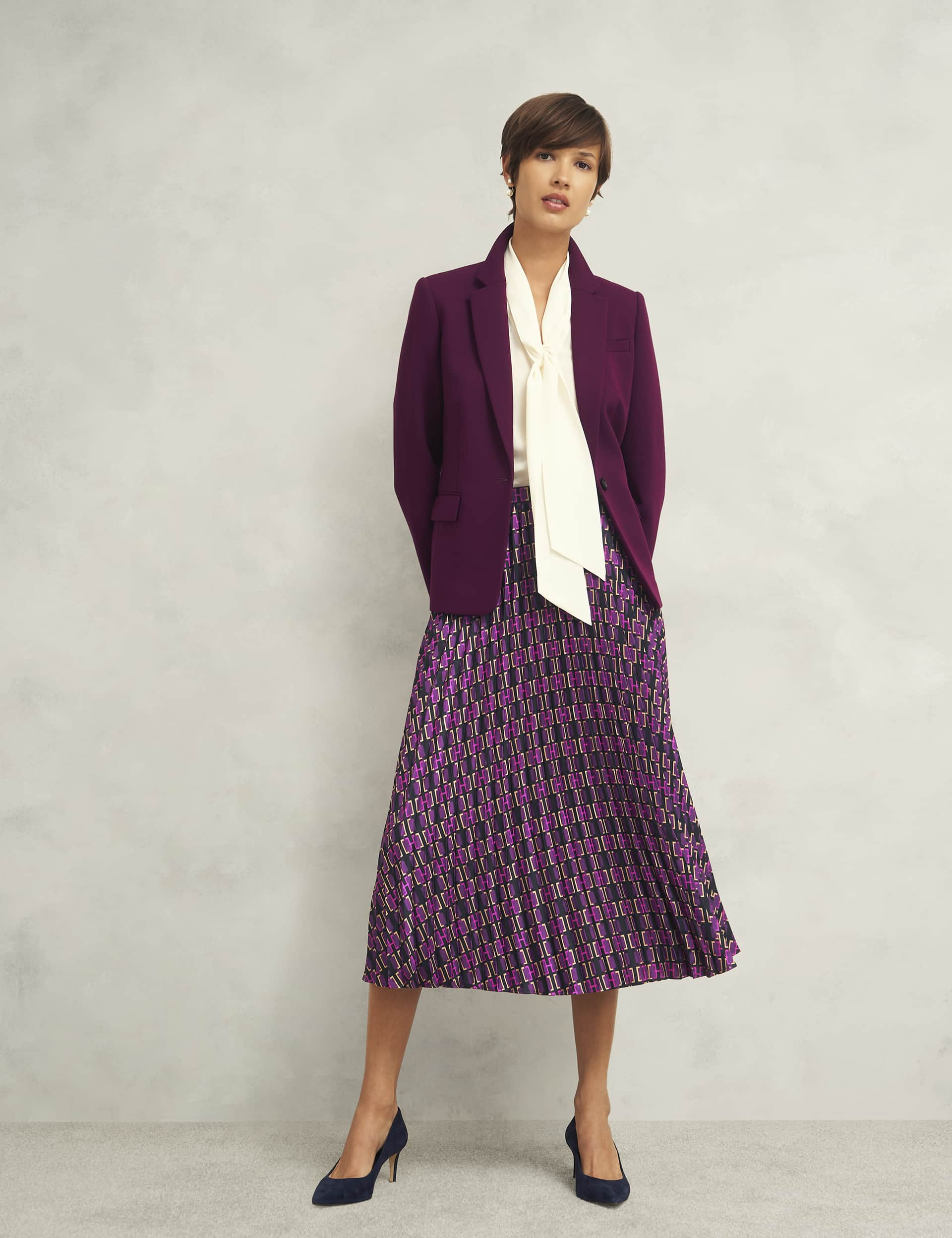 Hobbs Women's Geometric Pleated Midi A-Line Skirt - 12 - Purple Mix, Purple Mix