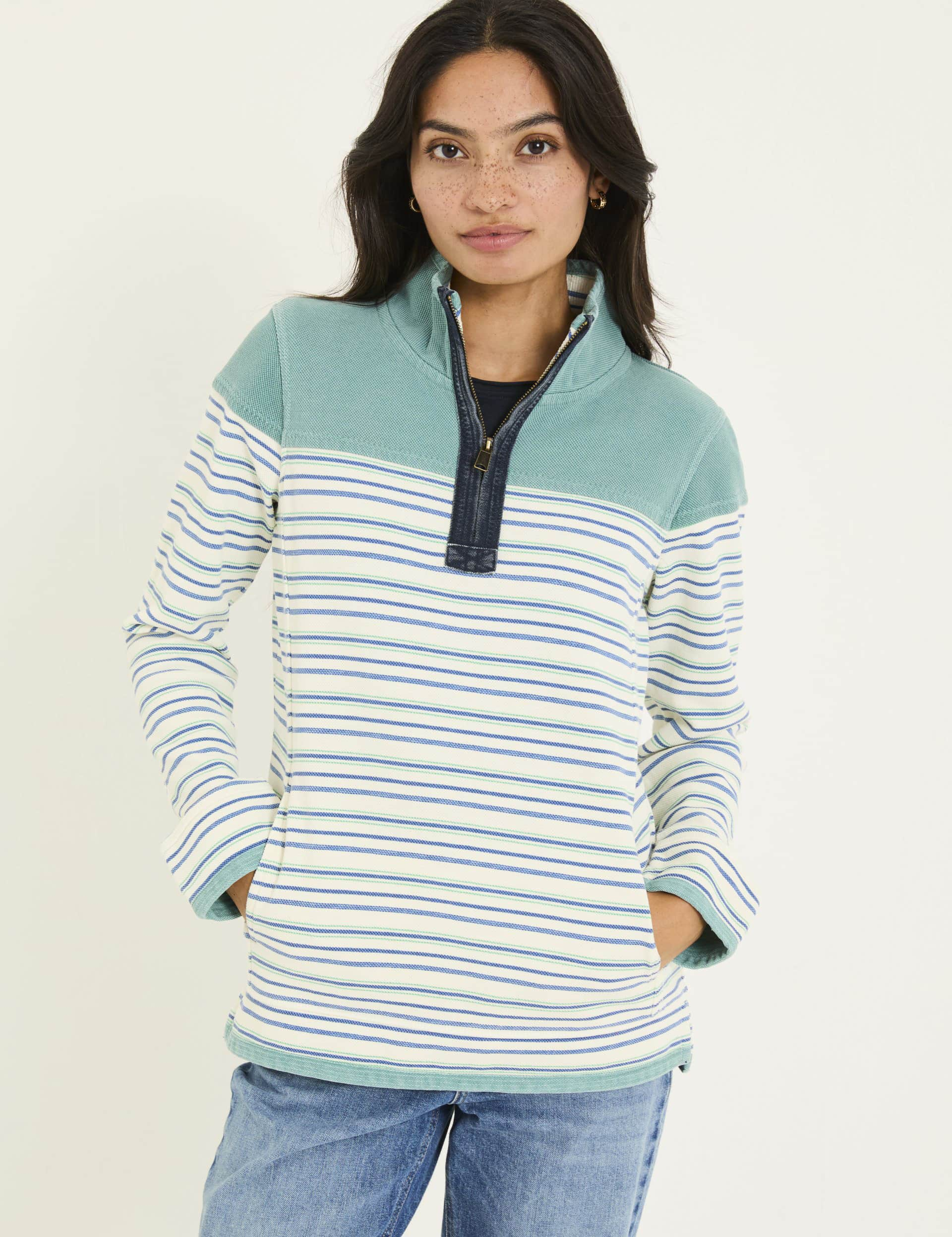 Fatface Women's Pure Cotton Striped Half Zip Sweatshirt - 14 - Blue, Blue