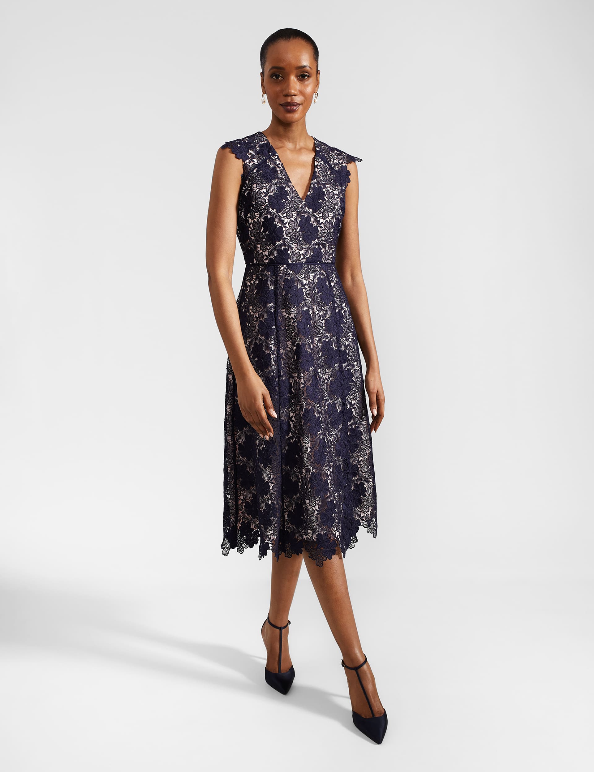 Hobbs Women's Lace Floral V-Neck Midi Waisted Dress - 12 - Navy Mix, Navy Mix