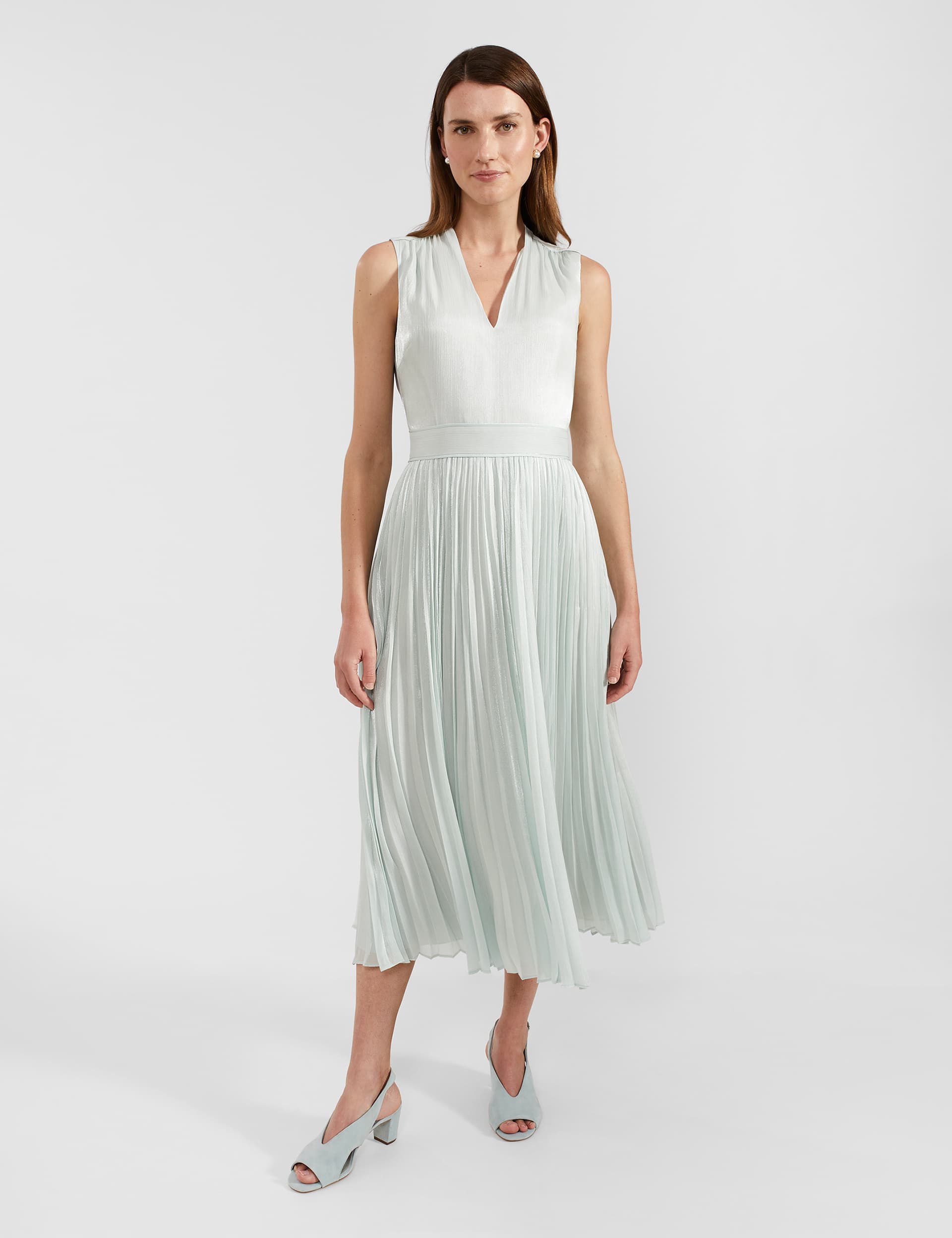 Hobbs Women's V-Neck Pleated Midi Waisted Dress - 14 - Sage Green, Sage Green