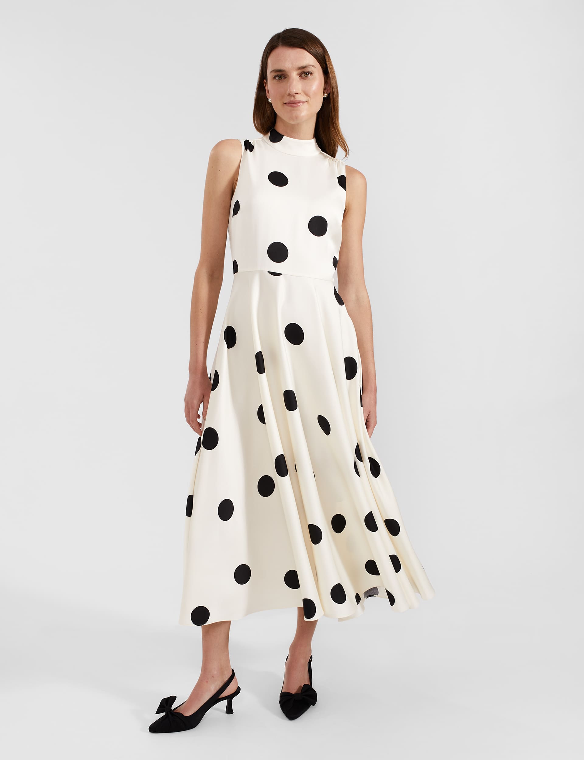 Hobbs Women's Polka Dot High Neck Midi Waisted Dress - 14PET - Beige Mix, Beige Mix