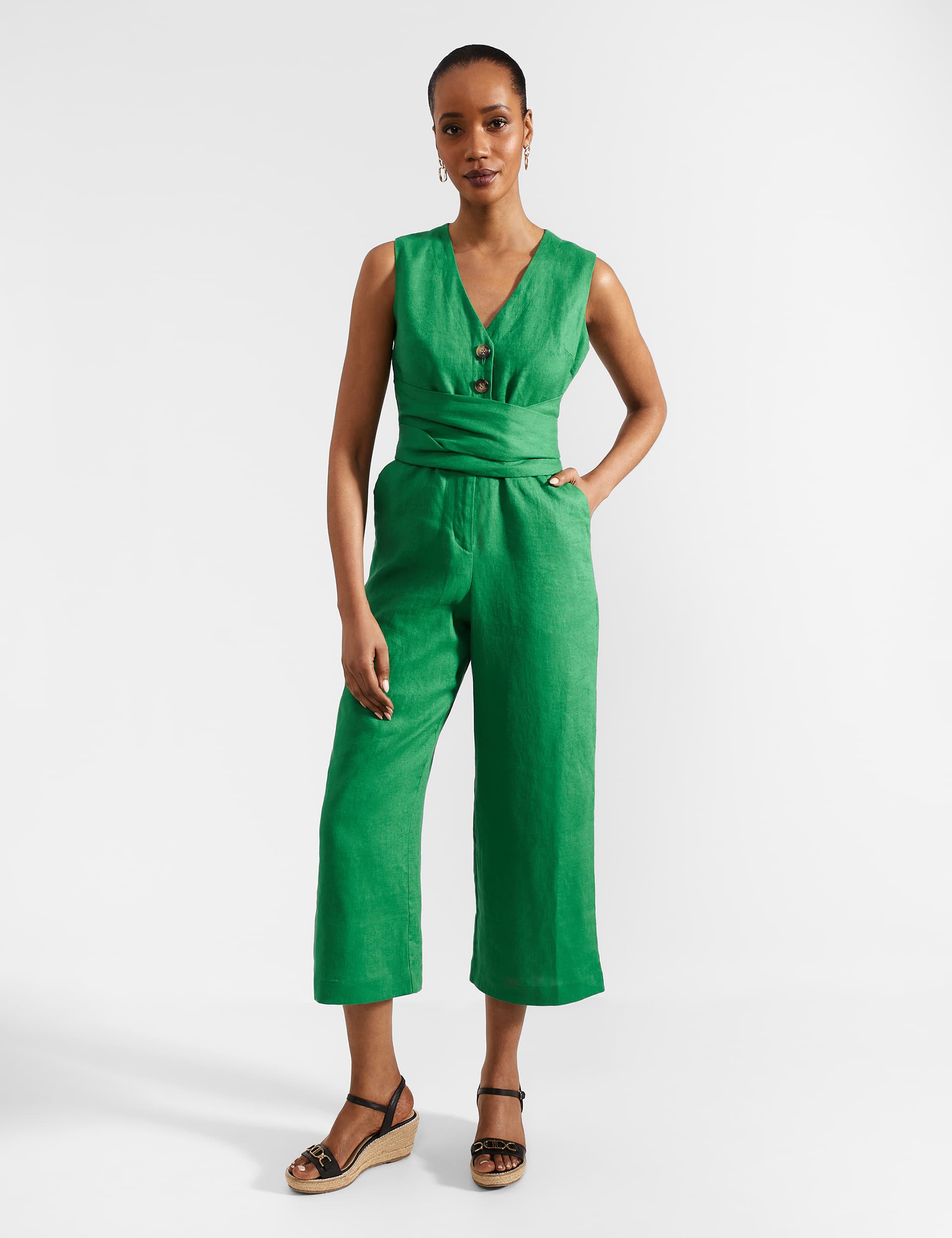 Hobbs Women's Pure Linen Sleeveless Cropped Jumpsuit - 14 - Green, Green