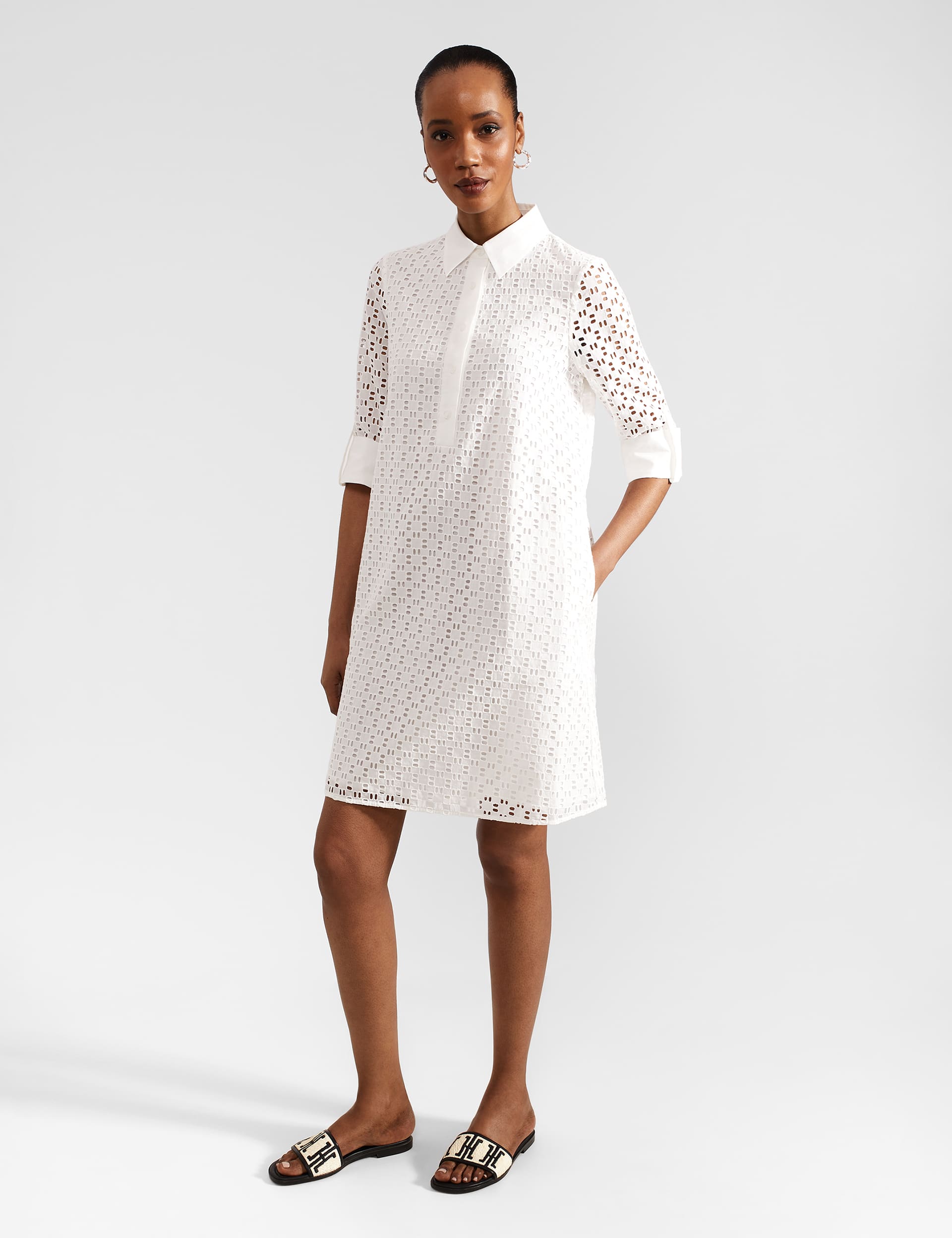 Hobbs Women's Pure Cotton Broderie Knee Length Shirt Dress - 10REG - White Mix, White Mix