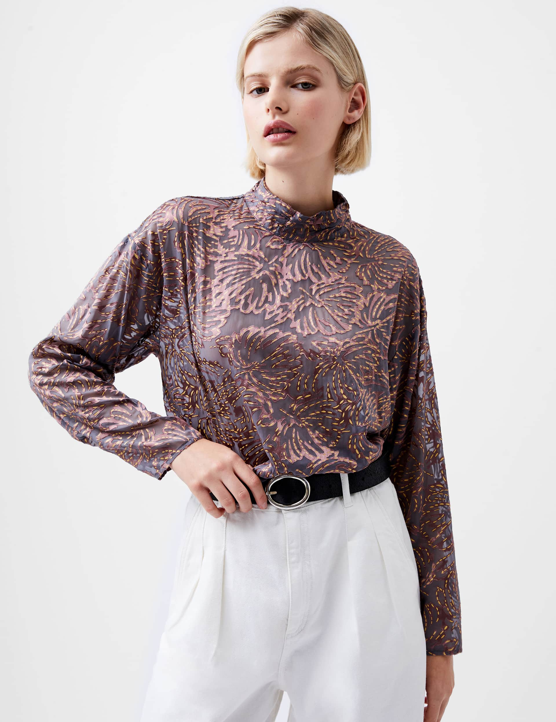 French Connection Women's Floral High Neck Top - M - Brown Mix, Brown Mix