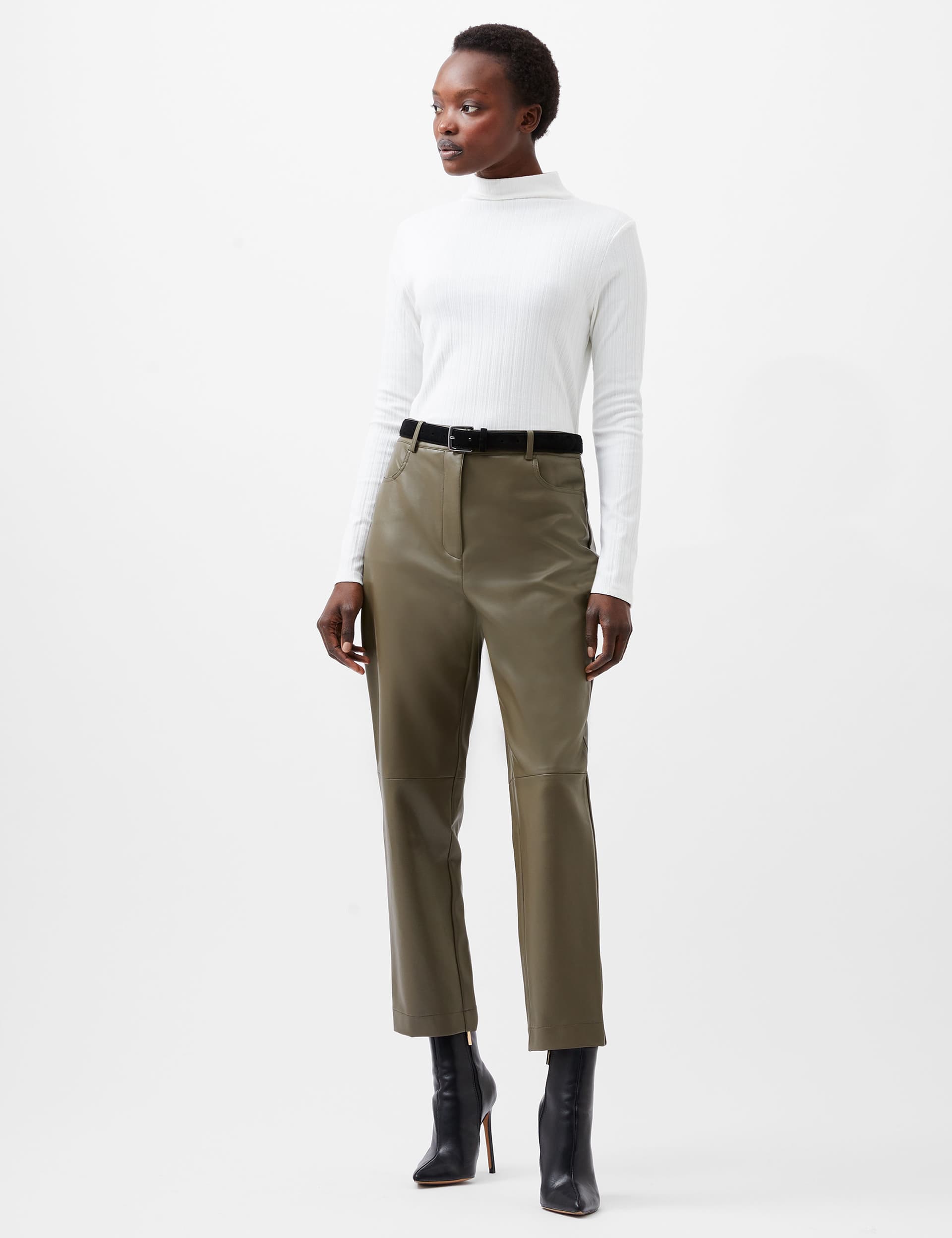 French Connection Women's Faux Leather Tapered Cropped Trousers - 14 - Green, Green