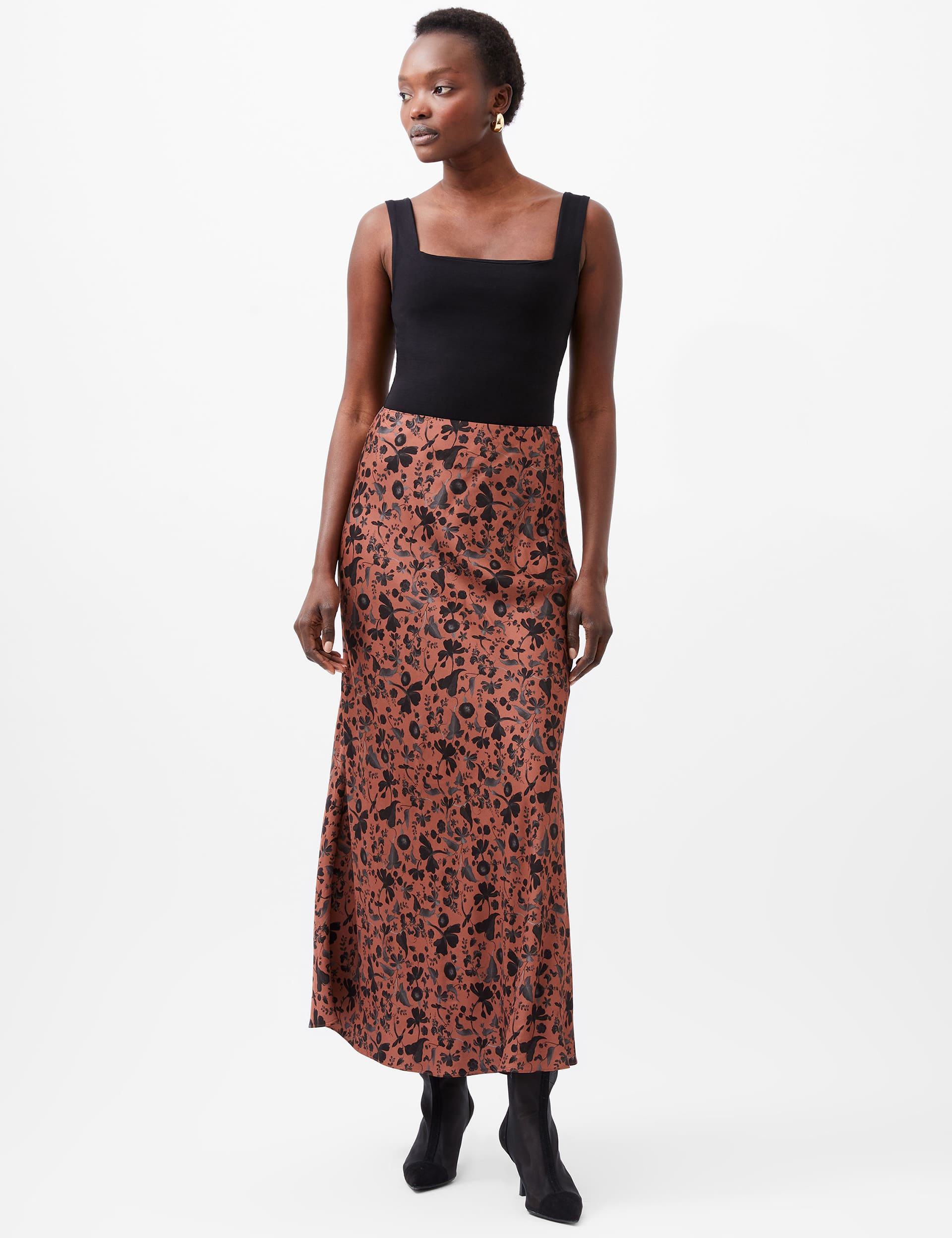 French Connection Women's Satin Floral Maxi A-Line Skirt - 12 - Brown Mix, Brown Mix