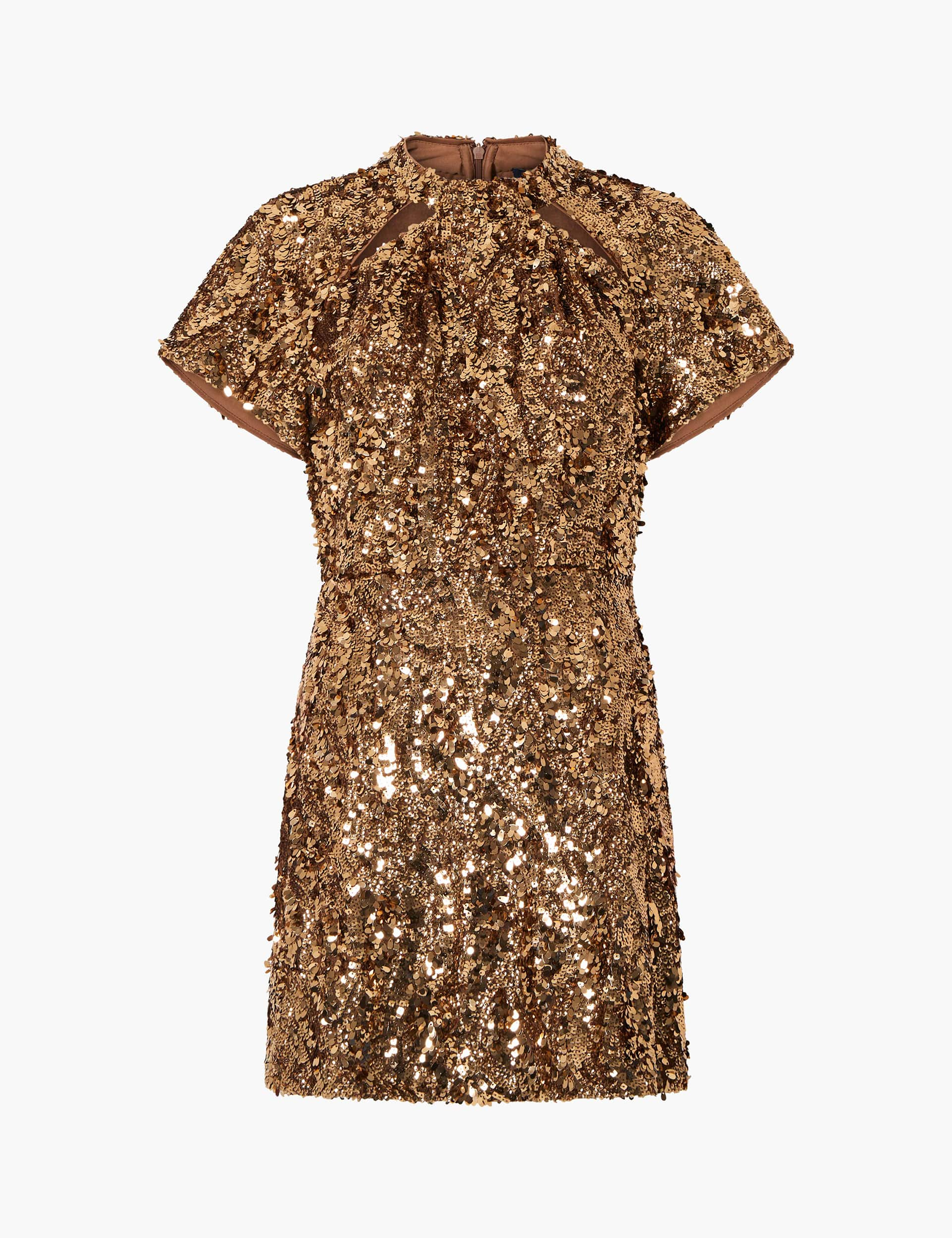 French Connection Women's Sequin Cut Out Detail Mini Dress - 16 - Gold, Gold