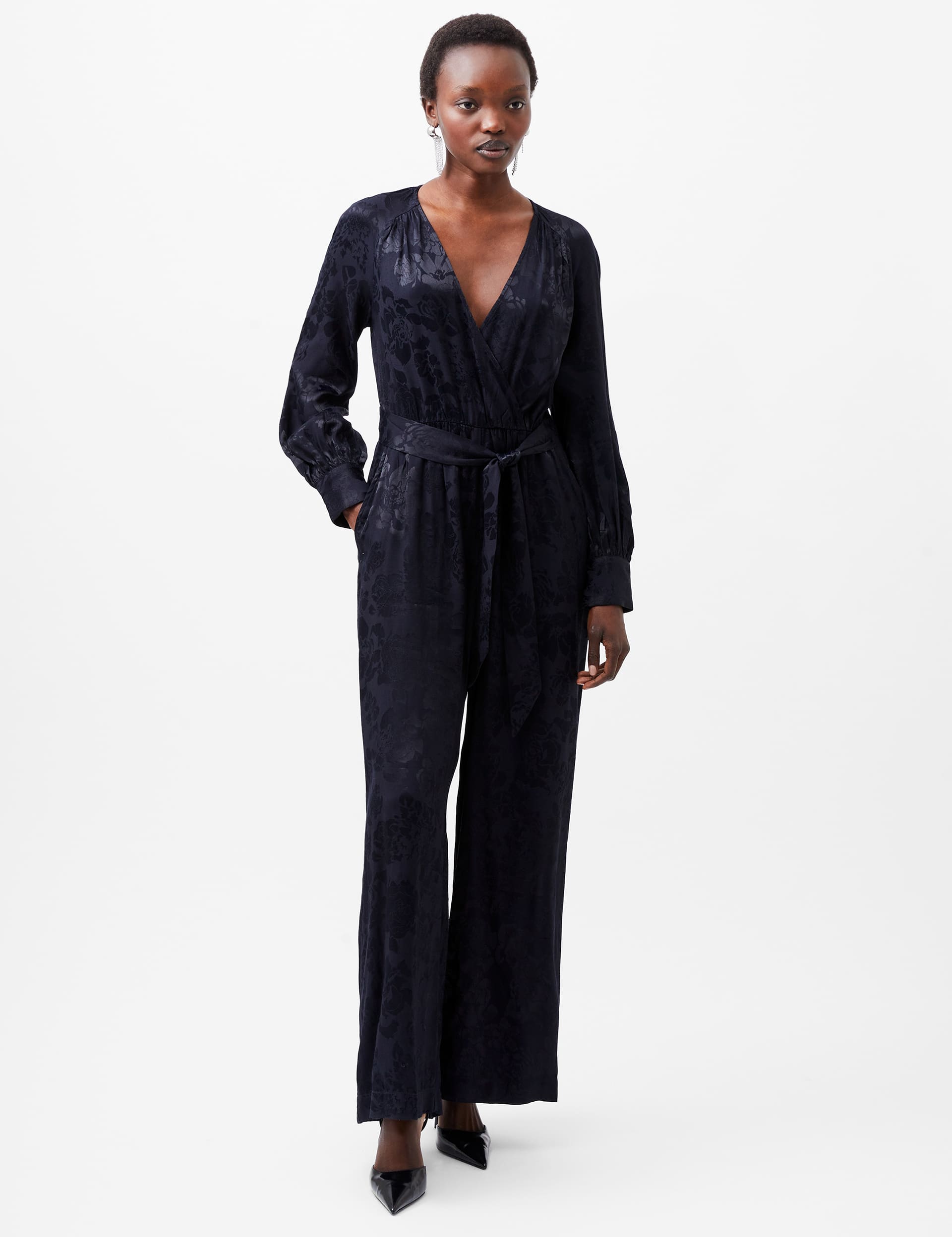 French Connection Women's Satin Jacquard Belted Wide Leg Jumpsuit - 12 - Navy Mix, Navy Mix