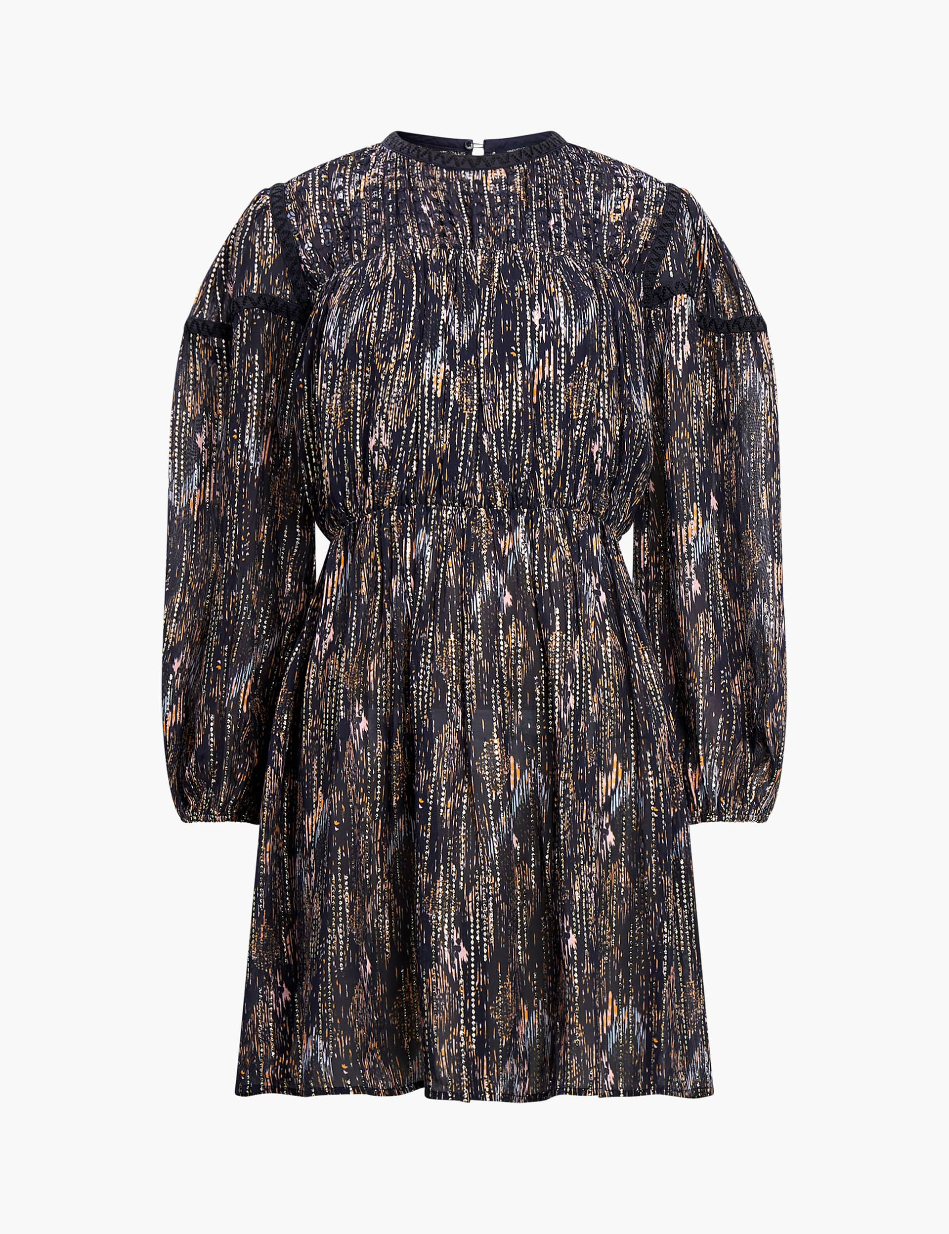 French Connection Women's Printed Sequin Blouson Sleeve Mini Dress - 12 - Navy Mix, Navy Mix