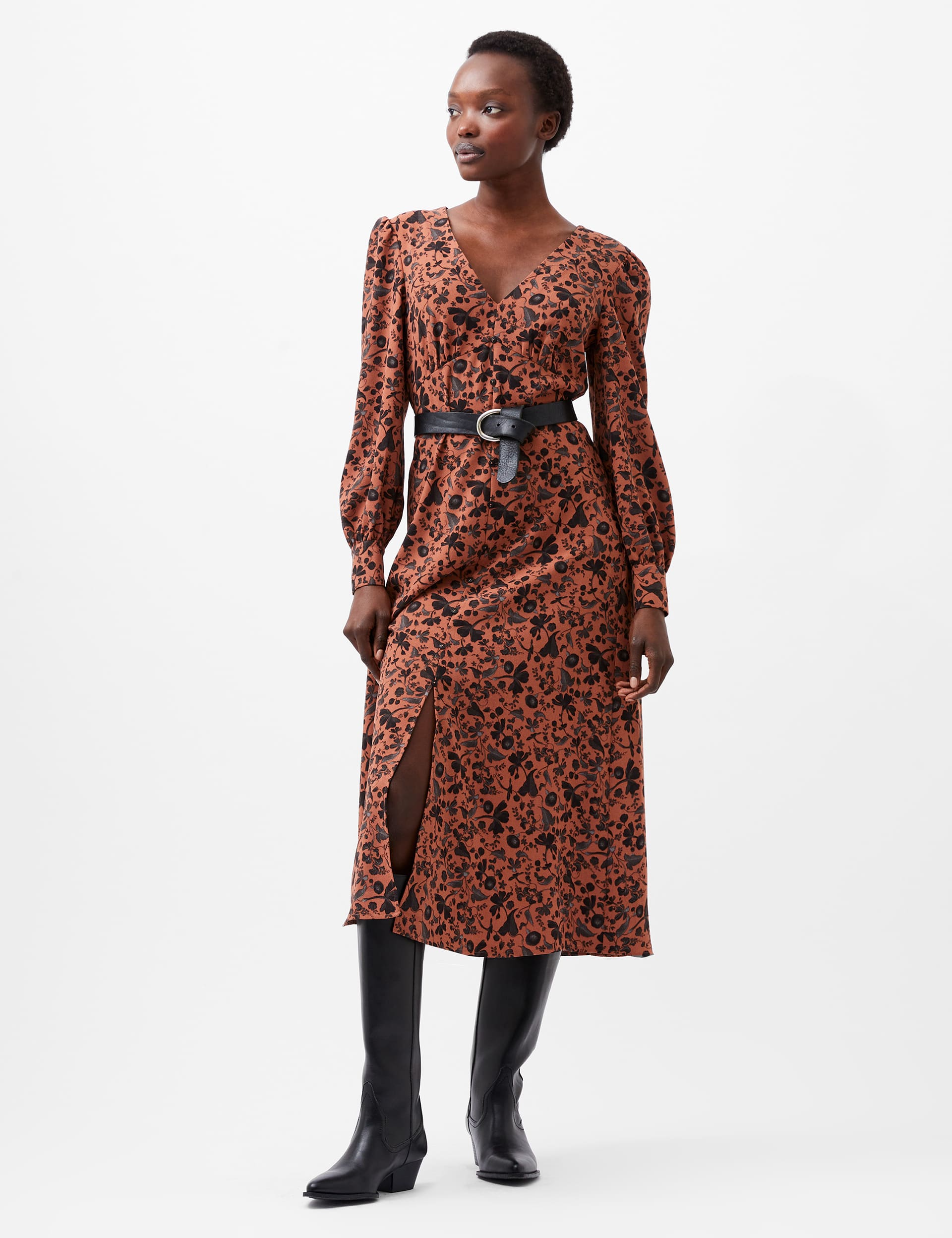 French Connection Women's Crepe Floral V-Neck Midaxi Smock Dress