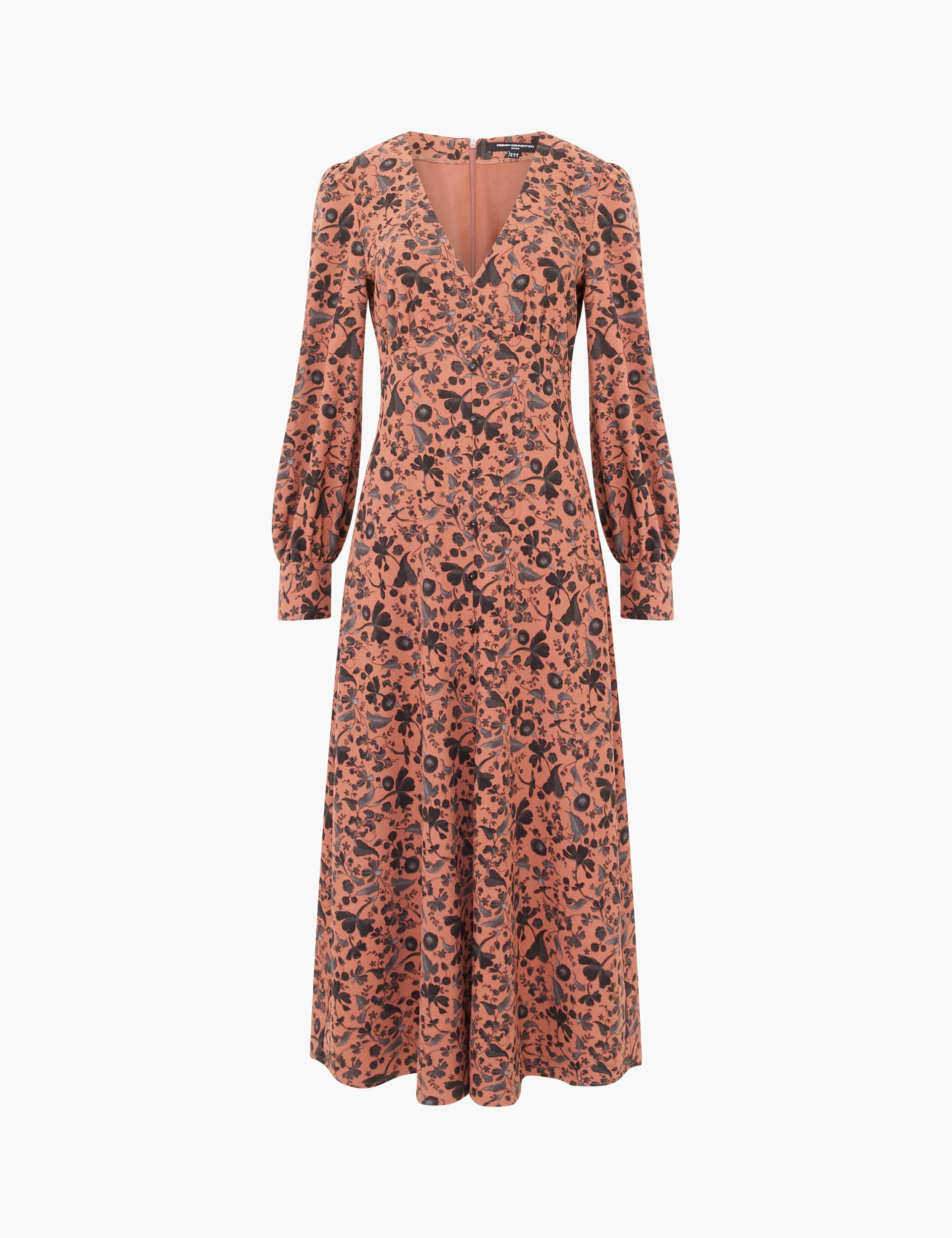 French Connection Women's Crepe Floral V-Neck Midaxi Smock Dress - 8 - Brown Mix, Brown Mix