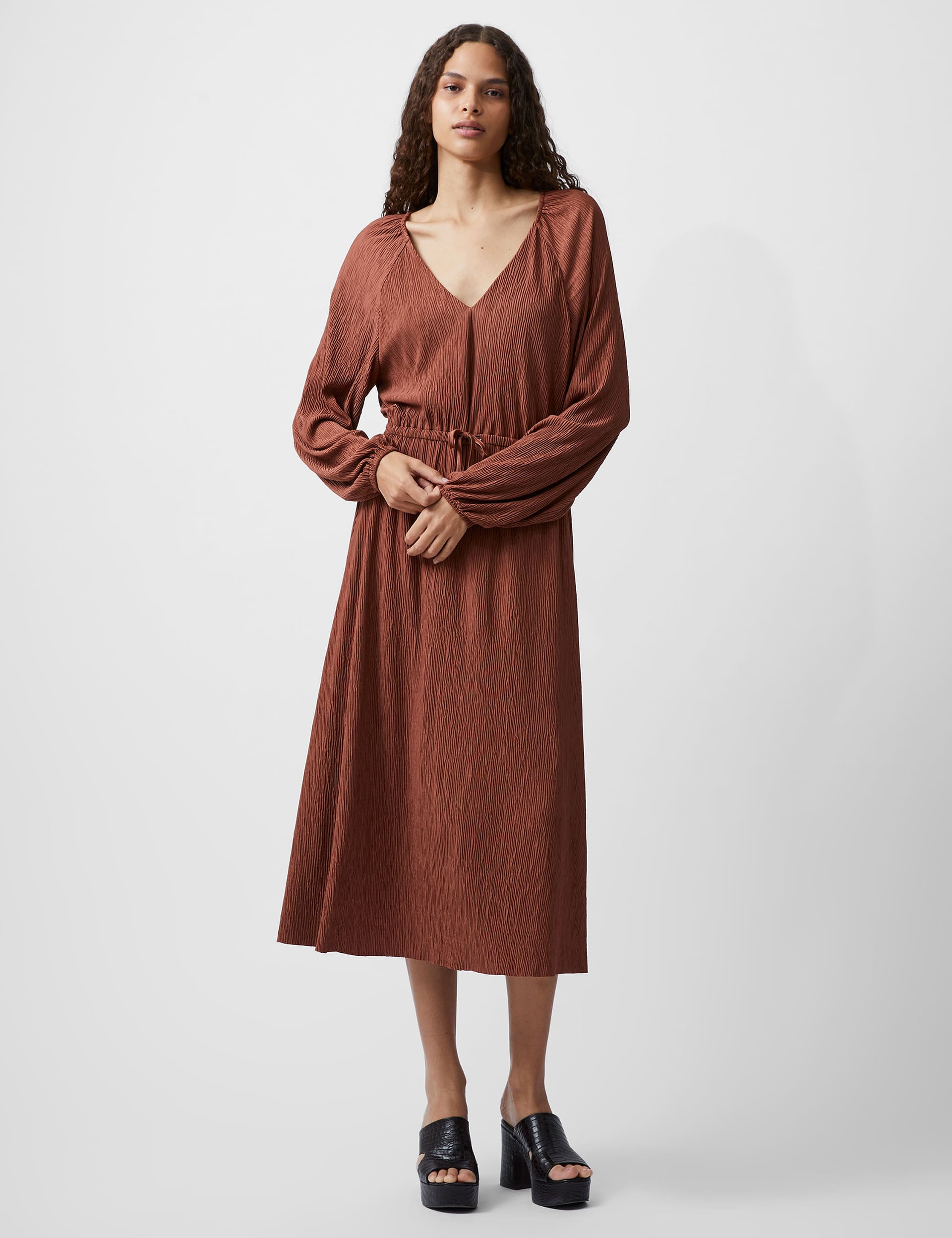 French Connection Women's Satin V-Neck Midi Waisted Dress - Brown, Brown