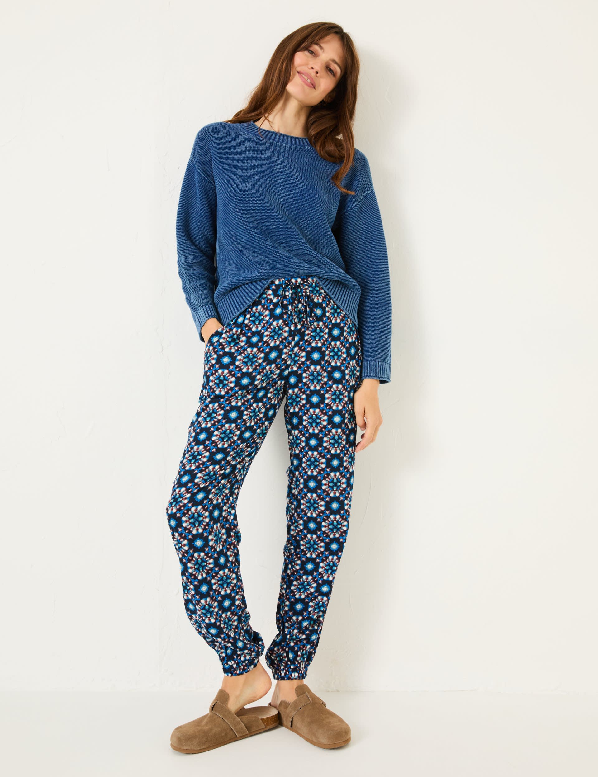 Fatface Women's Geometric Ankle Grazer Trousers - 12REG - Blue Mix, Blue Mix