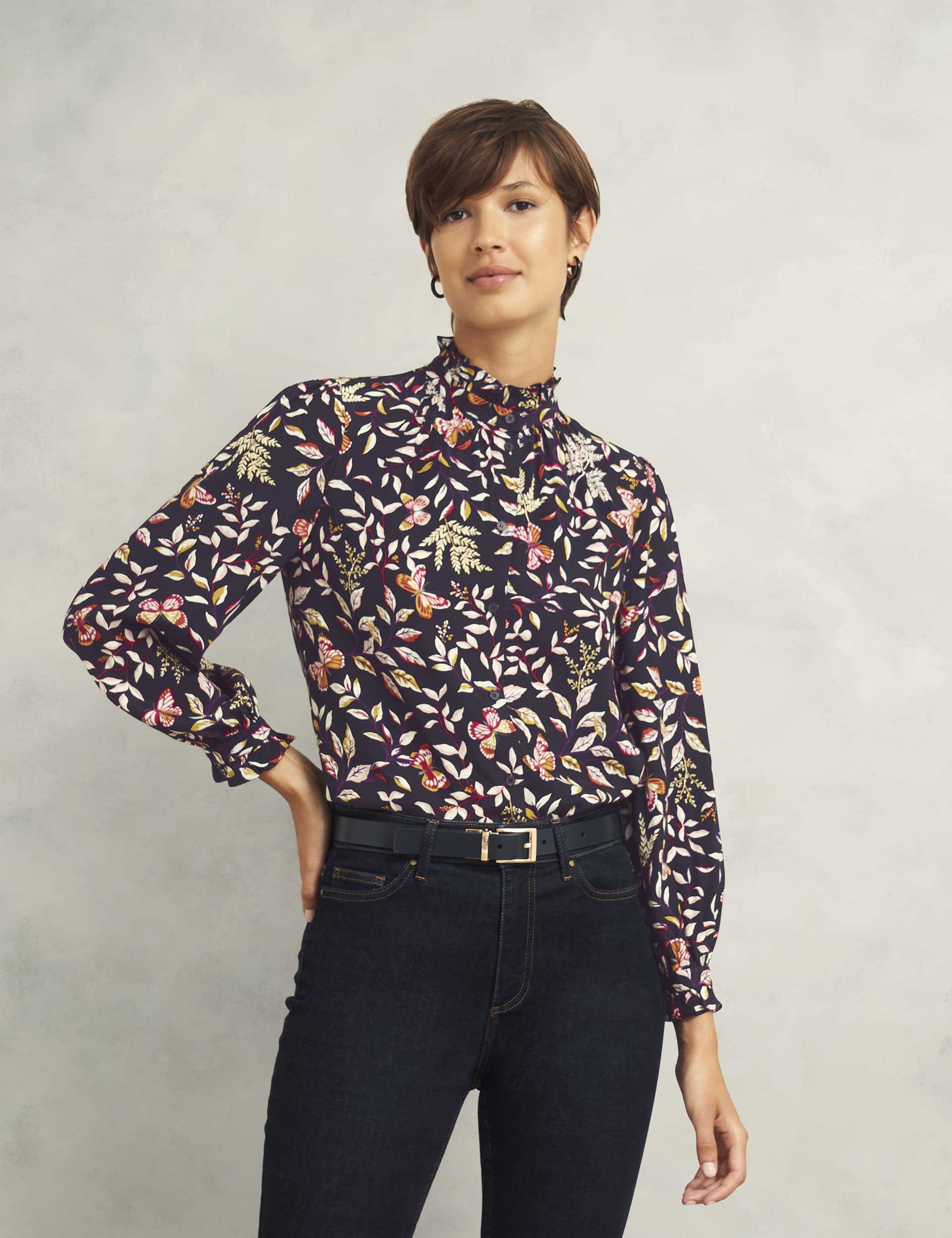 Hobbs Women's Leaf Print Funnel Neck Blouse - 14 - Navy, Navy