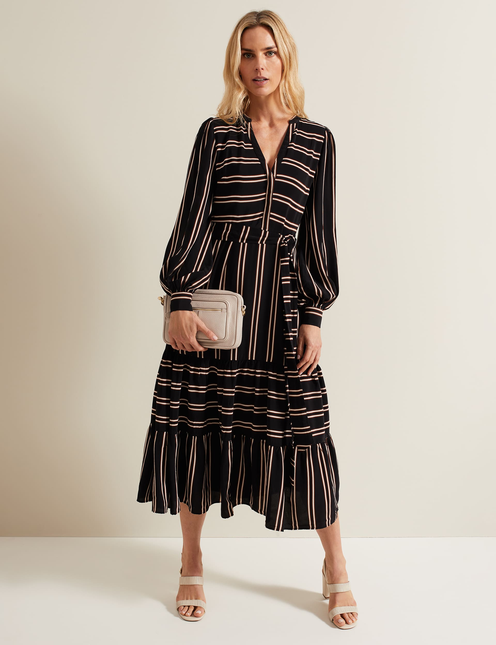 Phase Eight Women's Striped Notch Neck Midaxi Tiered Dress