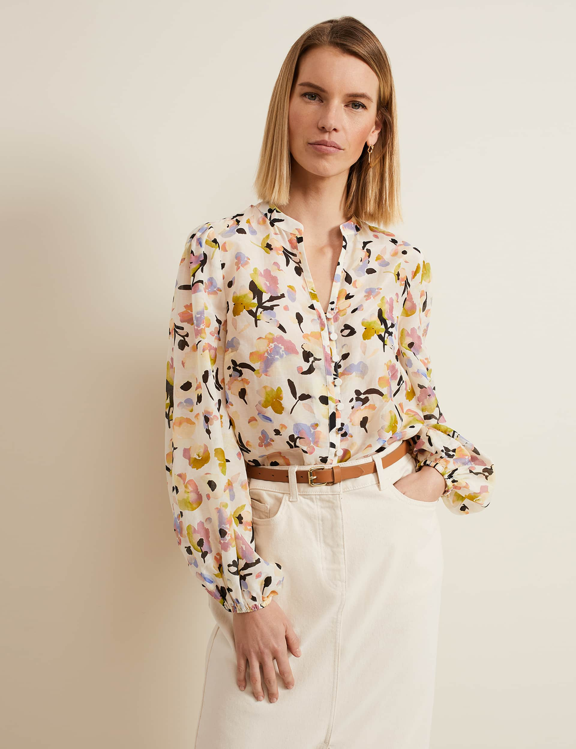 Phase Eight Women's Cotton Rich V-Neck Floral Blouse with Silk - 14 - Cream Mix, Cream Mix