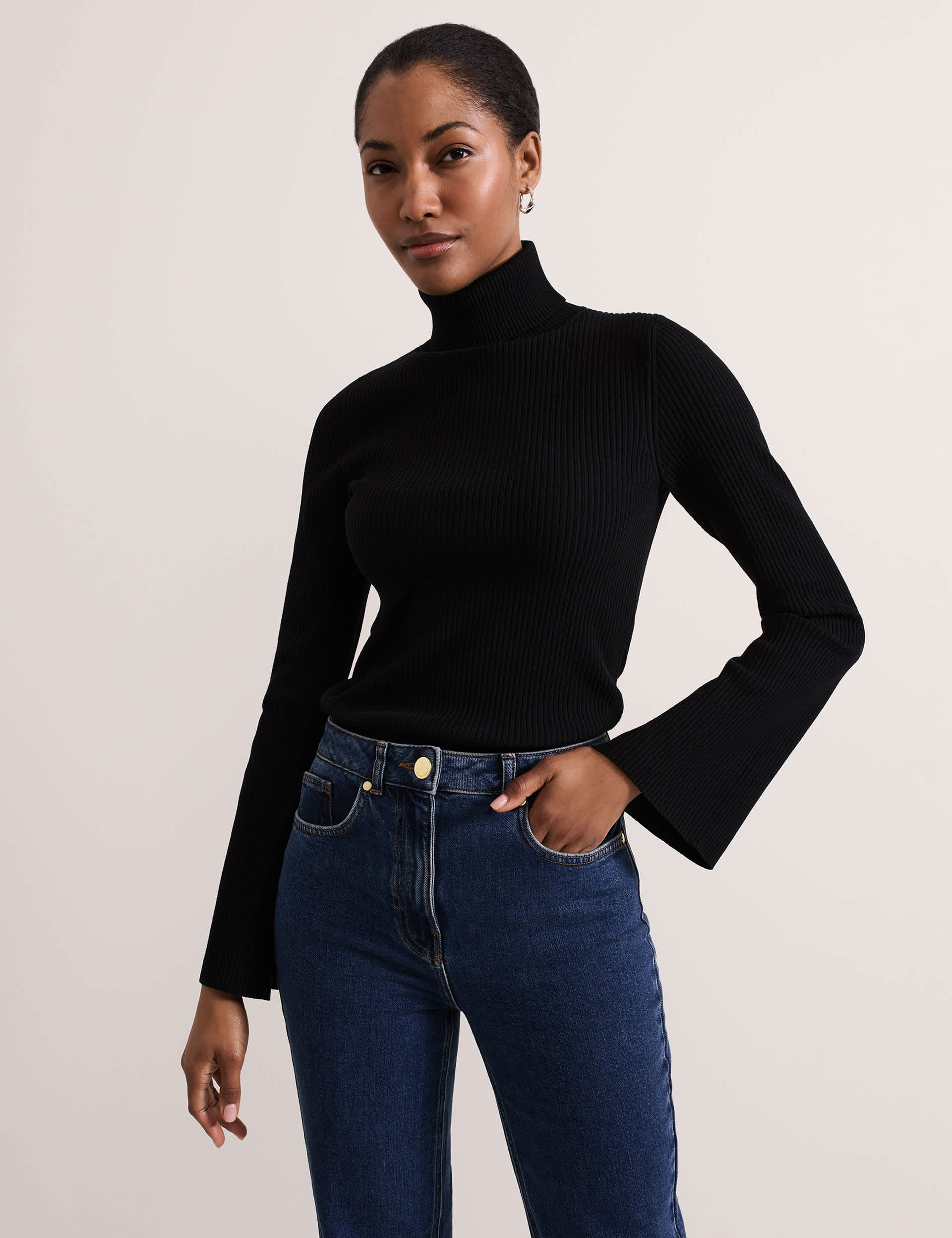 Phase Eight Women's Ribbed Roll Neck Fluted Sleeve Jumper - Black, Black