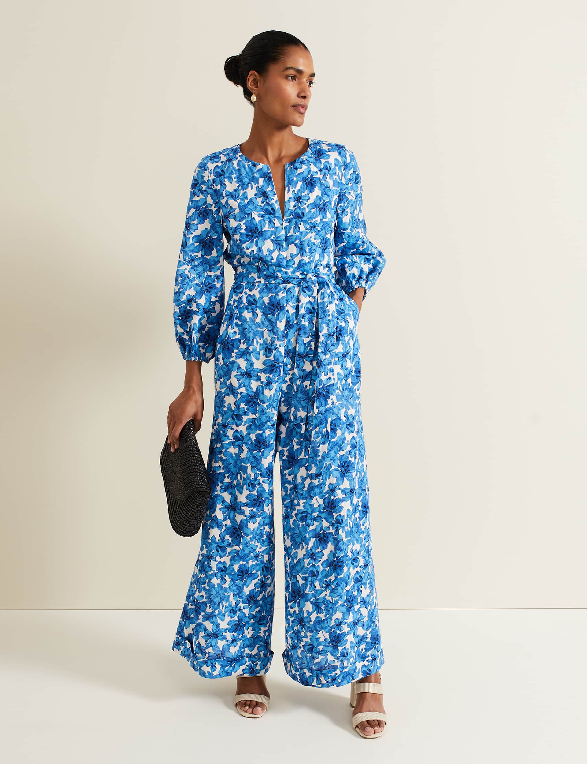 Phase Eight Women's Linen Blend Floral Long Sleeve Jumpsuit
