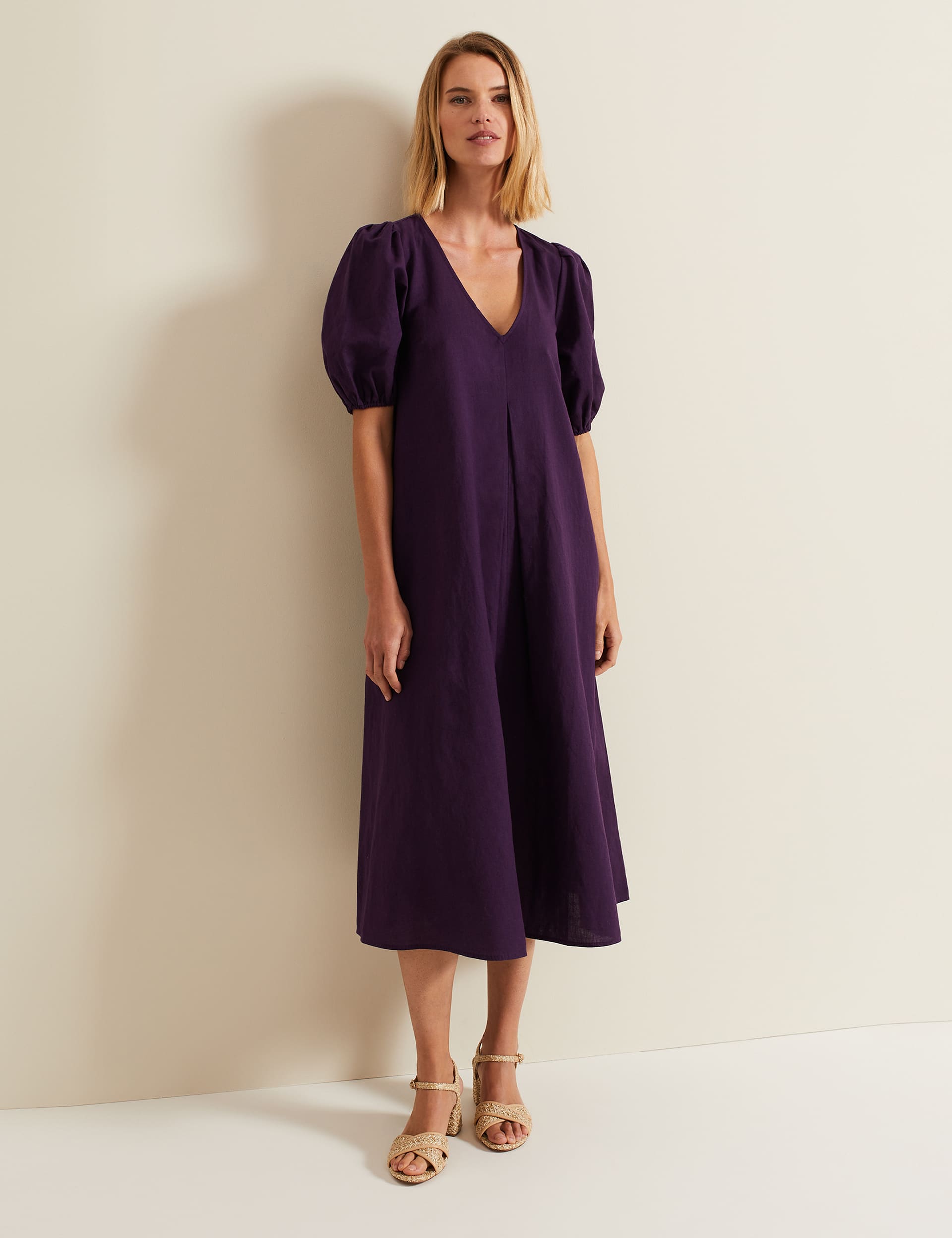 Phase Eight Women's Linen Blend V-Neck Puff Sleeve Midi Shift Dress - 10 - Purple, Purple