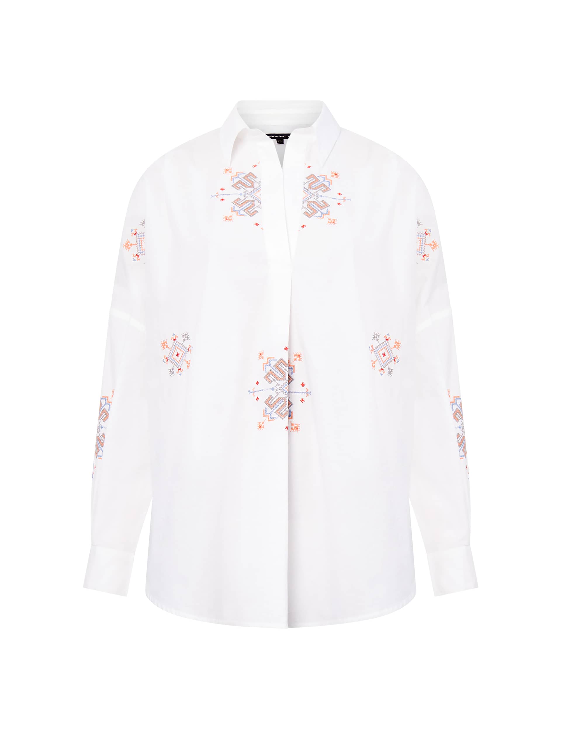 French Connection Women's Pure Cotton Embroidered Popover Shirt - White Mix, White Mix