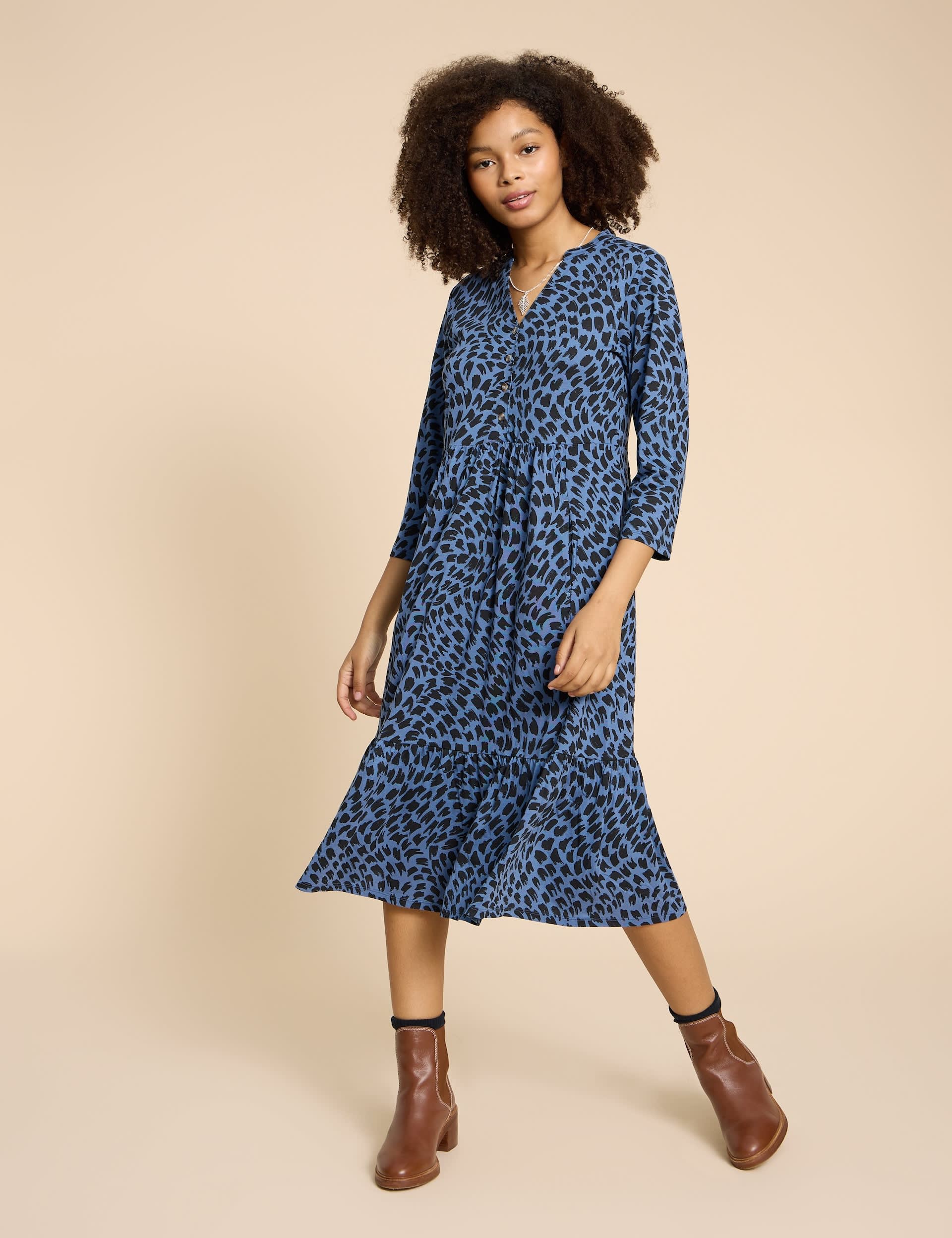 White Stuff Women's Jersey Printed V-Neck Midi Tea Dress - 12REG - Blue Mix, Blue Mix