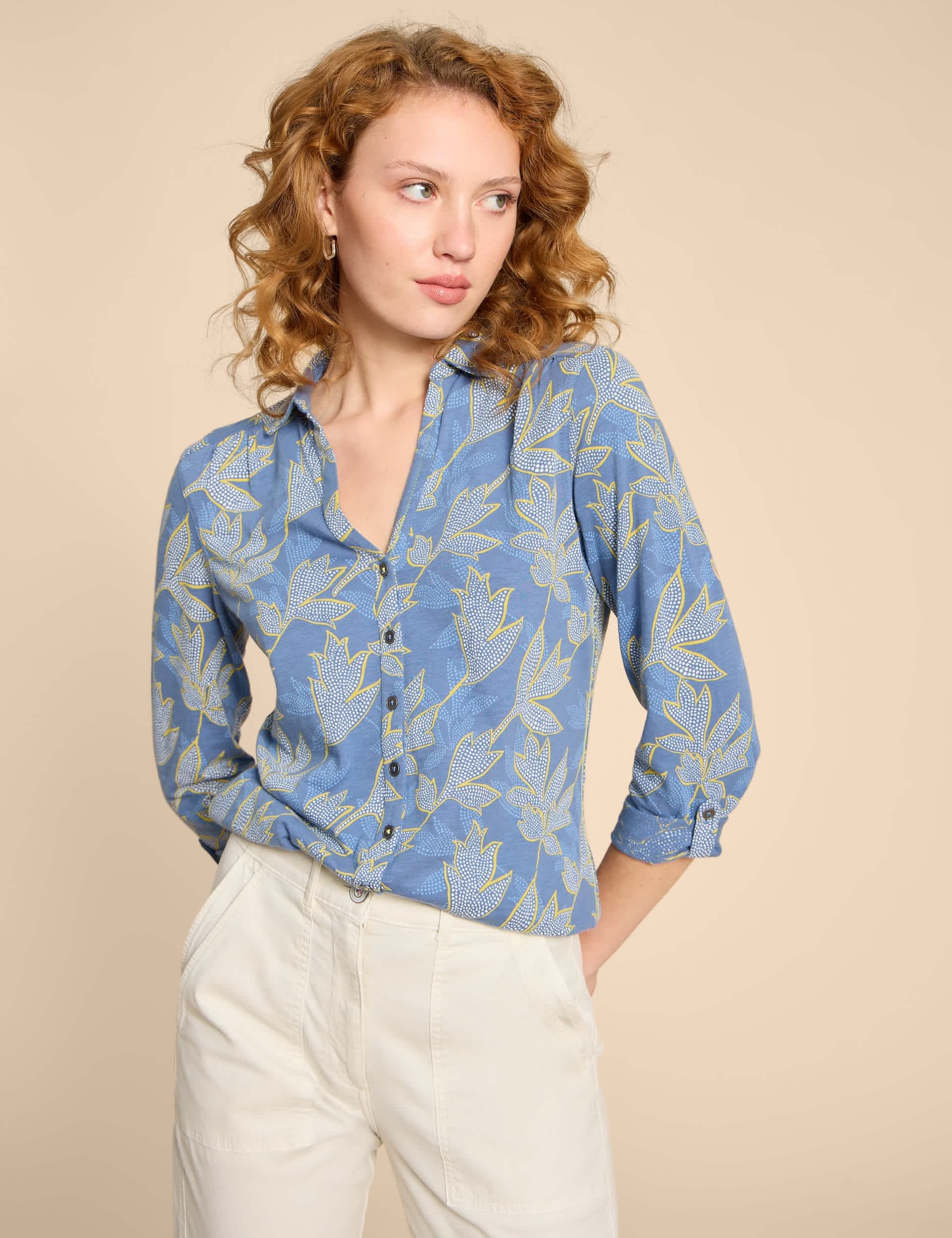 White Stuff Women's Jersey Printed Collared Shirt - 12REG - Blue Mix, Blue Mix