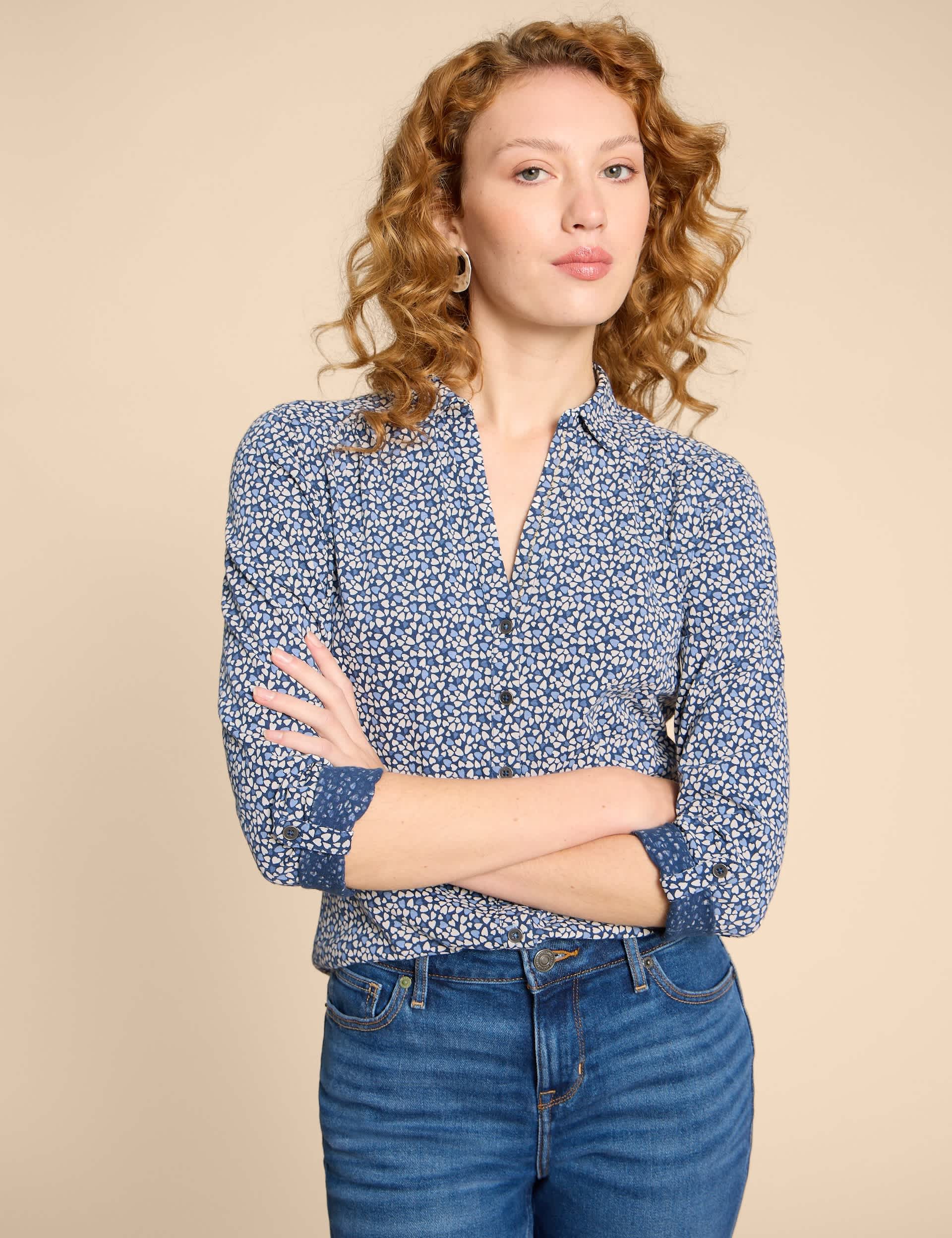 White Stuff Women's Pure Cotton Heart Print Button Through Shirt - 14REG - Blue Mix, Blue Mix