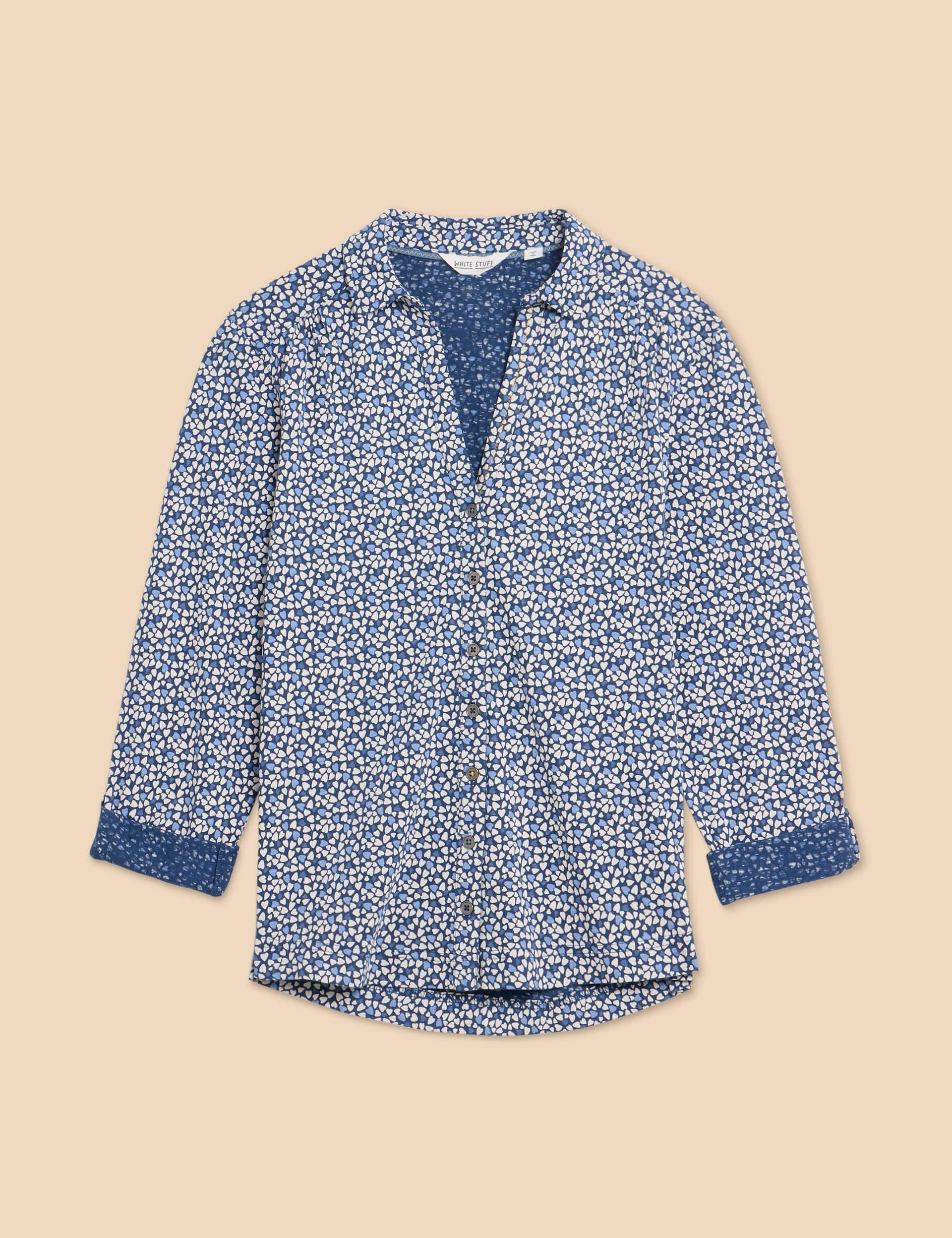 White Stuff Women's Pure Cotton Heart Print Button Through Shirt - 12REG - Blue Mix, Blue Mix