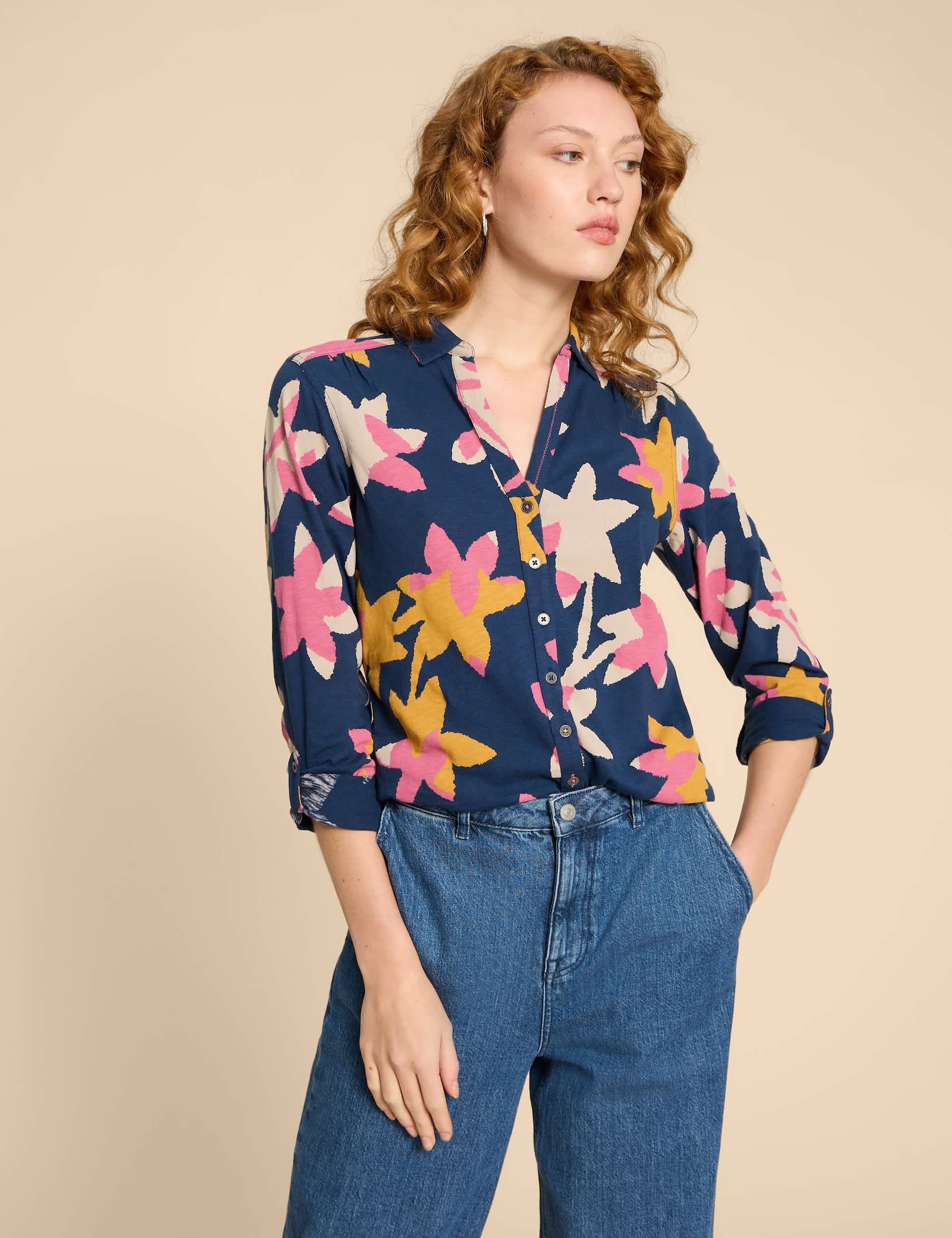 White Stuff Women's Jersey Floral Collared Button Through Blouse - 12 - Navy Mix, Navy Mix