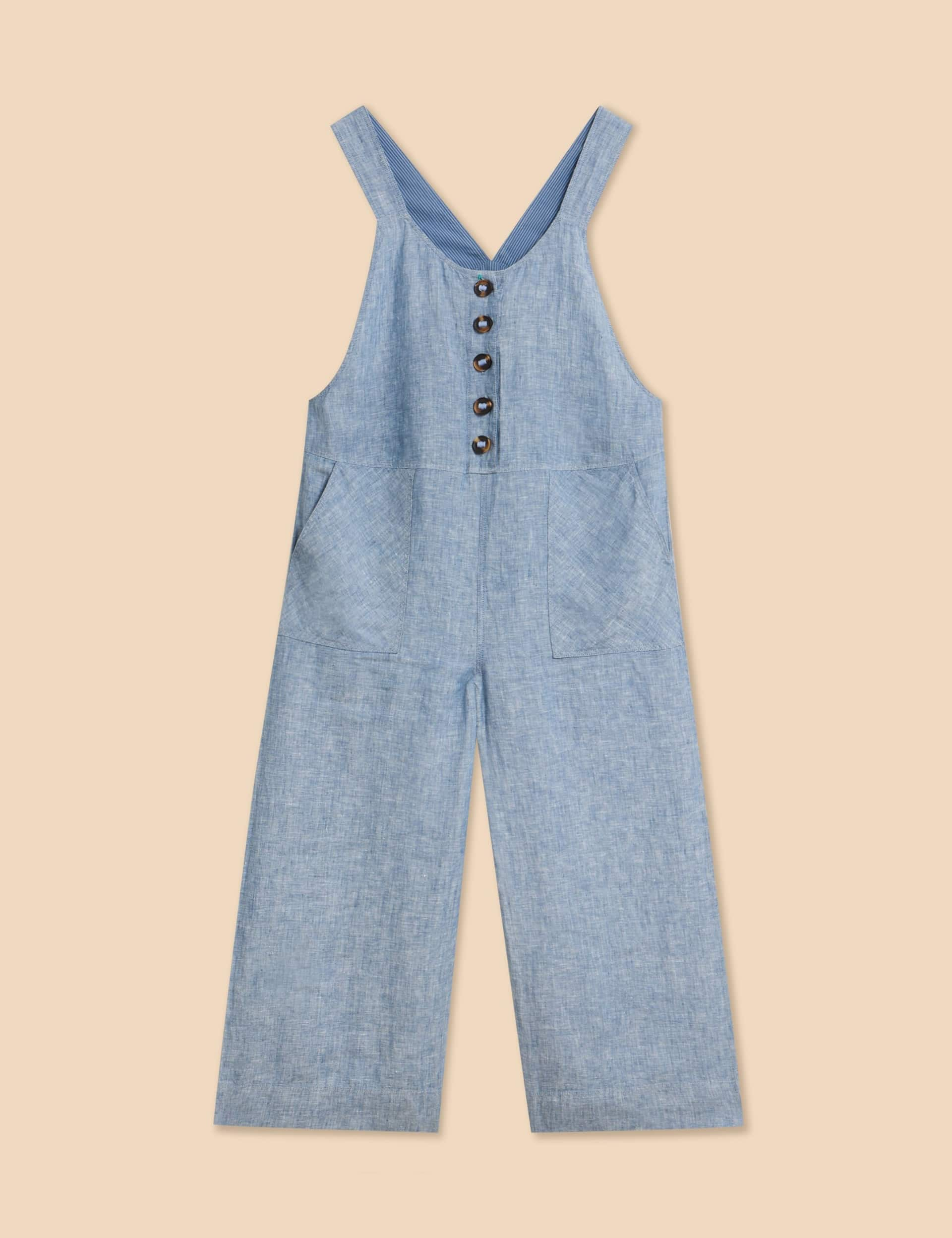 White Stuff Women's Pure Linen Cropped Dungarees - 14REG - Light Blue, Black,Light Blue