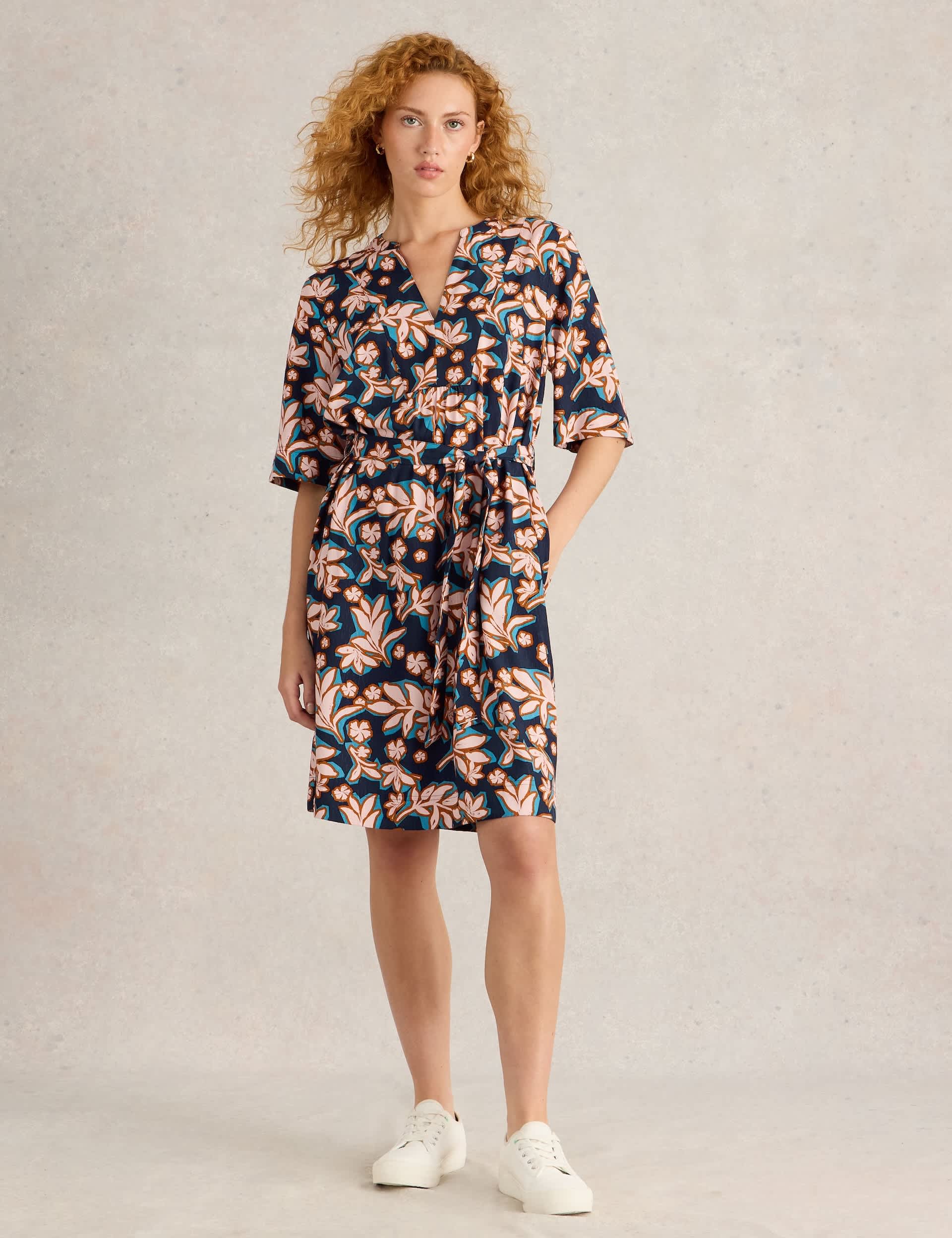 White Stuff Women's Printed V-Neck Belted Knee Length Shift Dress - 12 - Navy Mix, Navy Mix