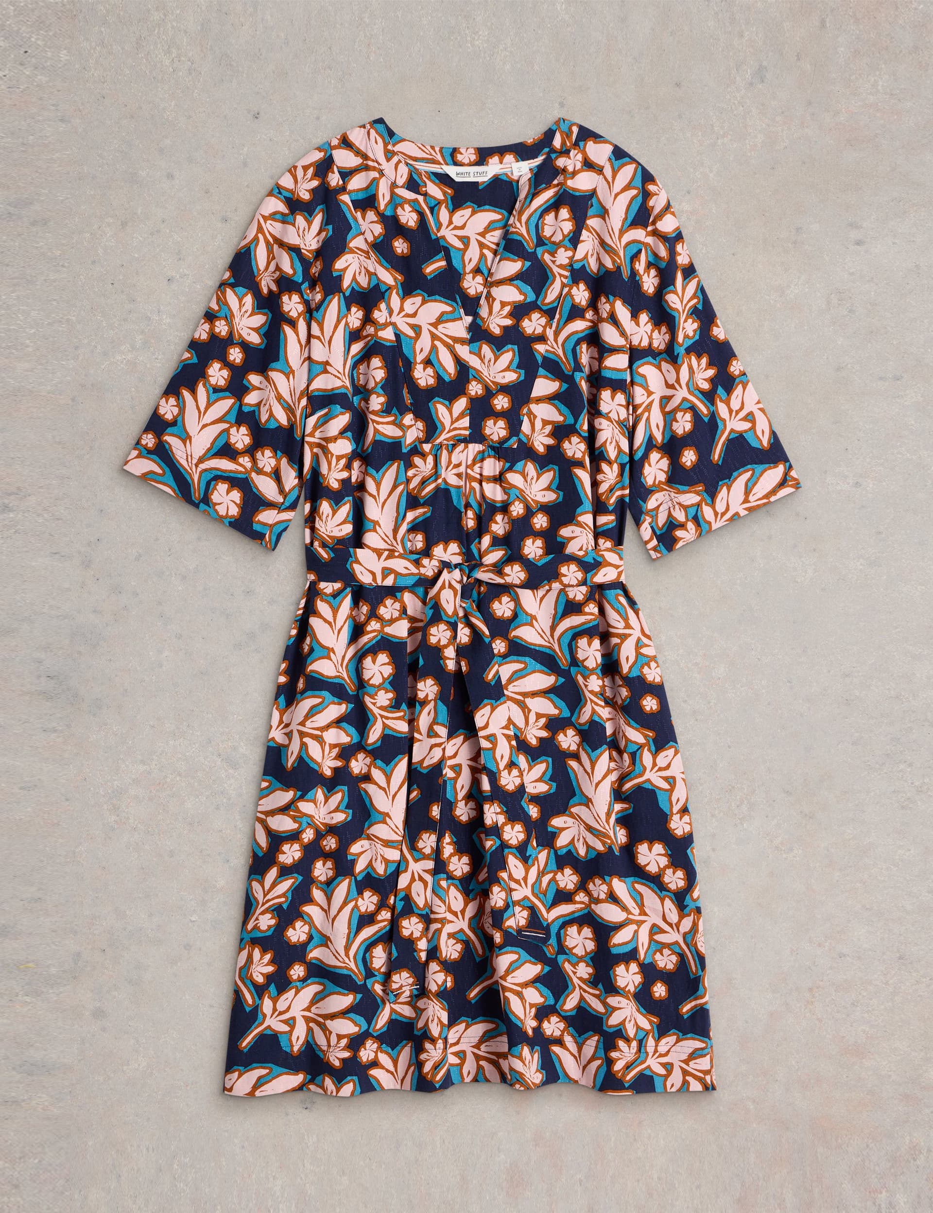 White Stuff Women's Printed V-Neck Belted Knee Length Shift Dress - 12 - Navy Mix, Navy Mix