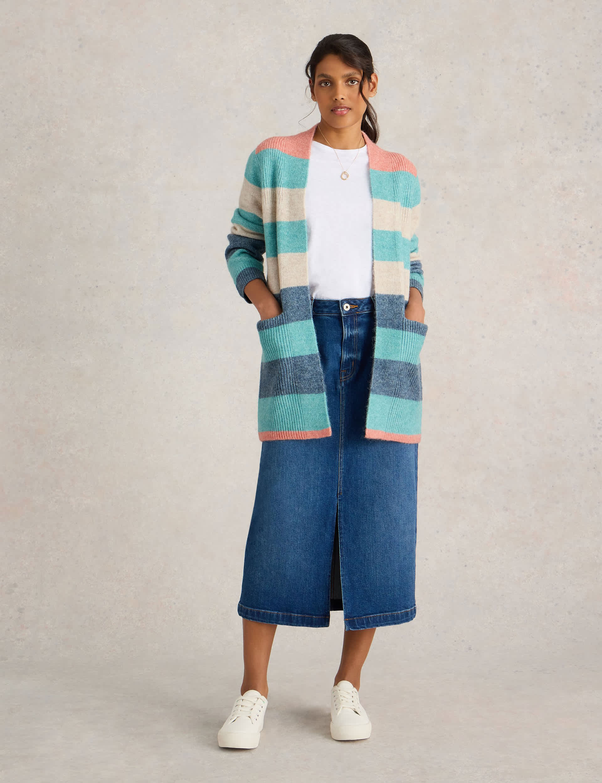 White Stuff Women's Striped Longline Cardigan With Wool - Blue Mix, Blue Mix