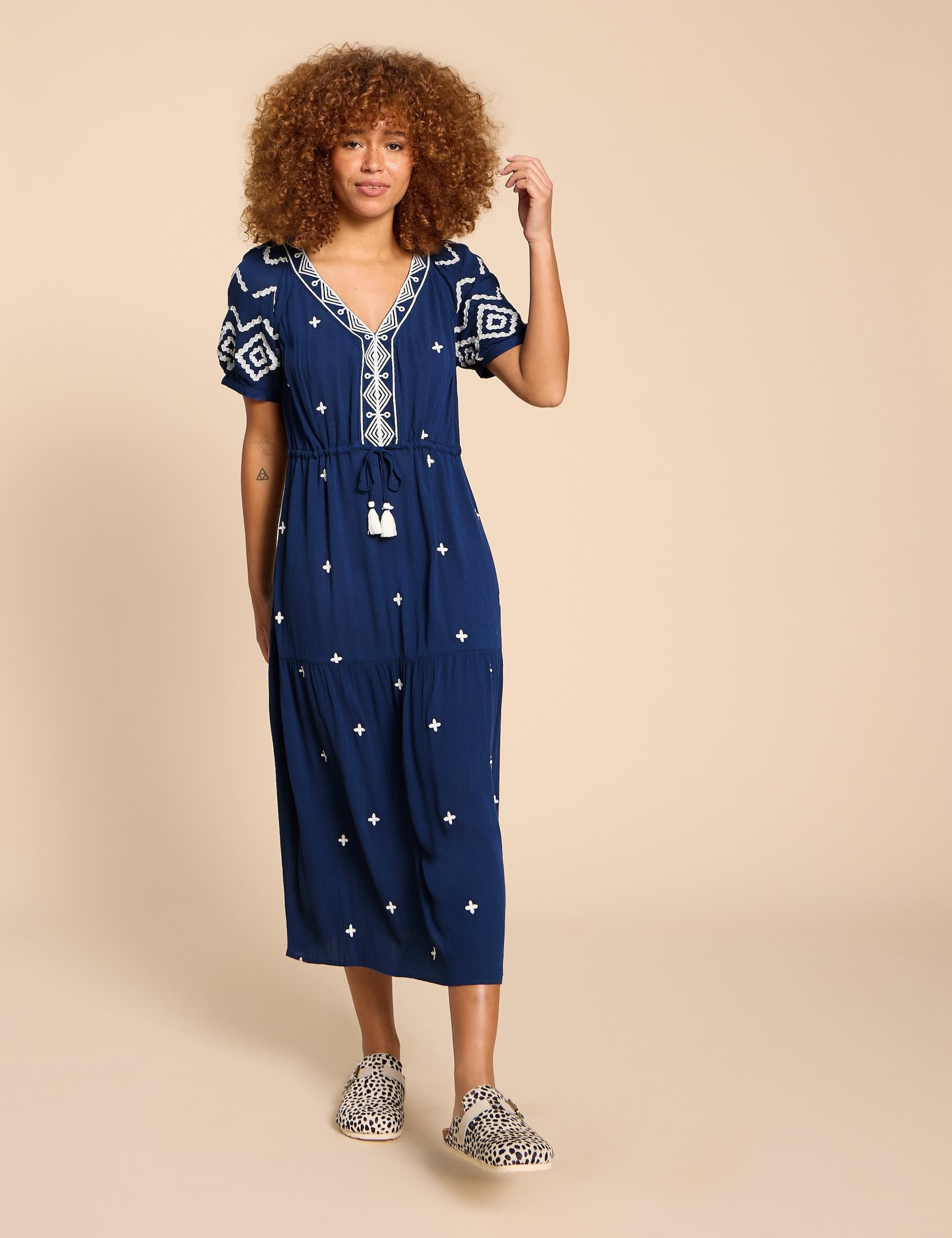 White Stuff Women's Embroidered V-Neck Midi Tiered Dress - Blue, Blue