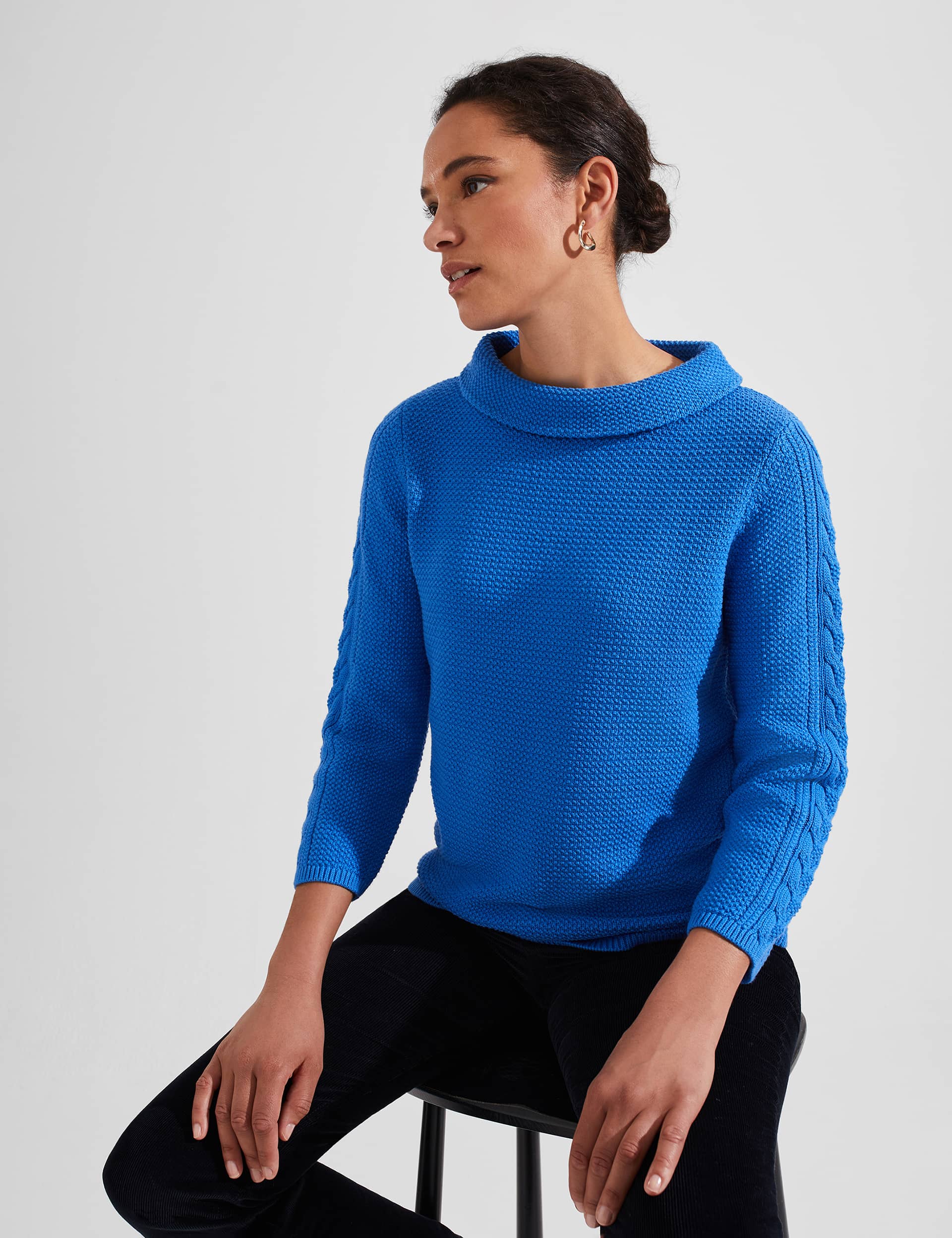 Hobbs Women's Pure Cotton Cable Knit Slash Neck Jumper - Blue, Blue