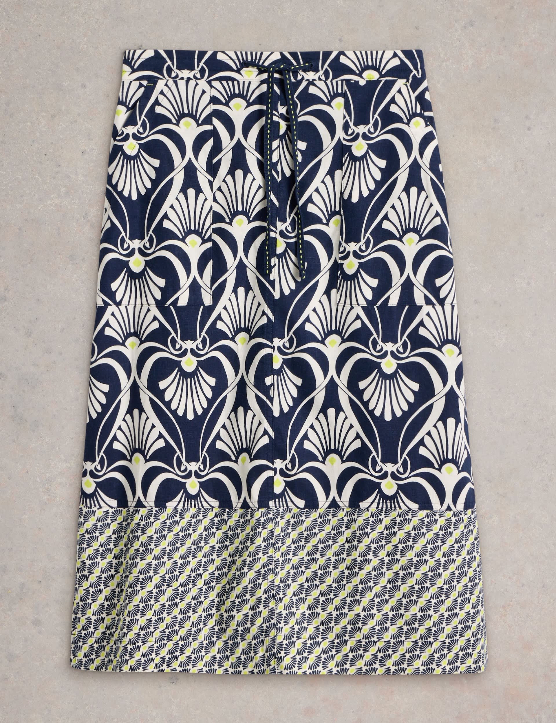 White Stuff Women's Linen Blend Printed Midi A-Line Skirt - 12REG - Navy Mix, Navy Mix