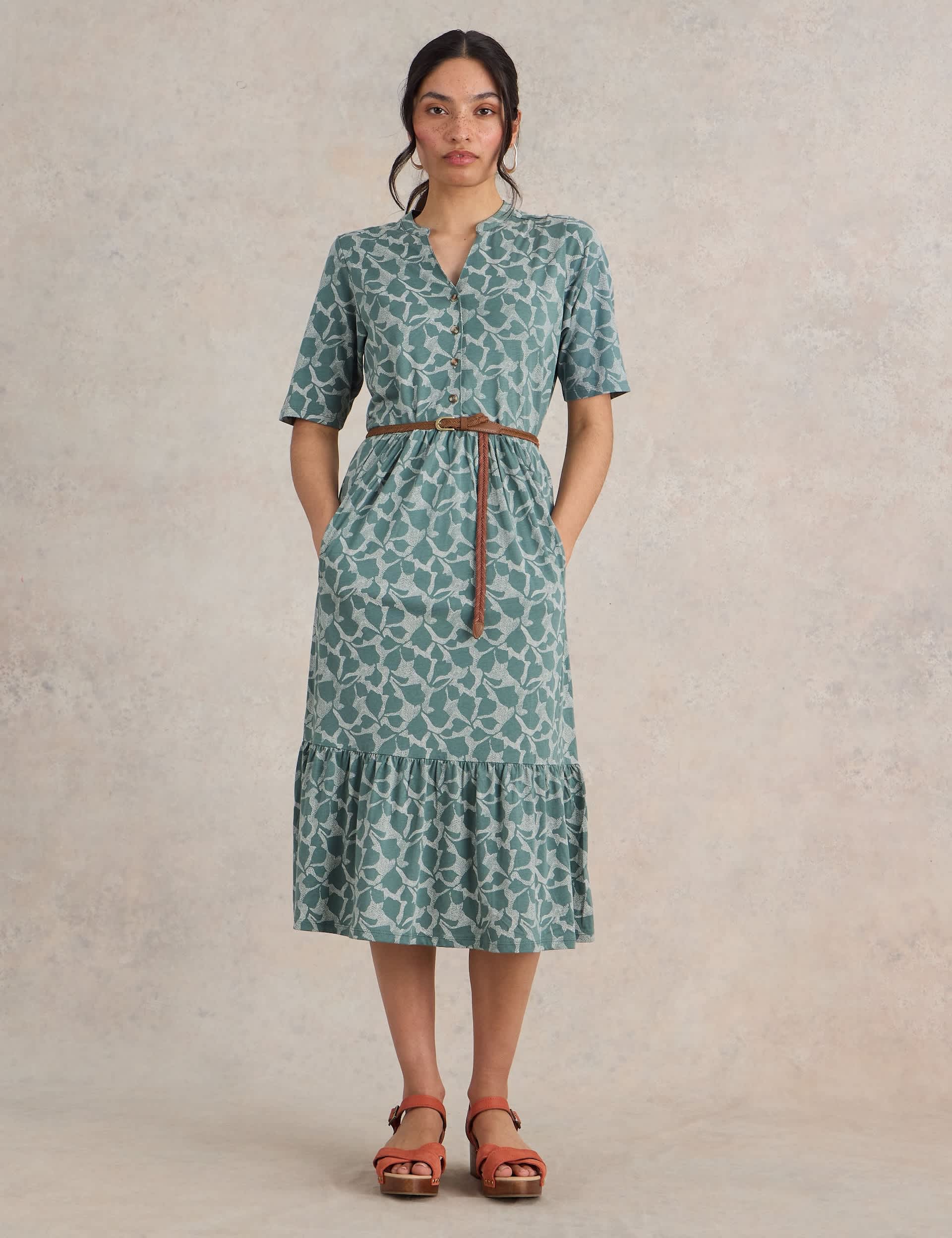 White Stuff Women's Jersey Printed V-Neck Midi Tea Dress