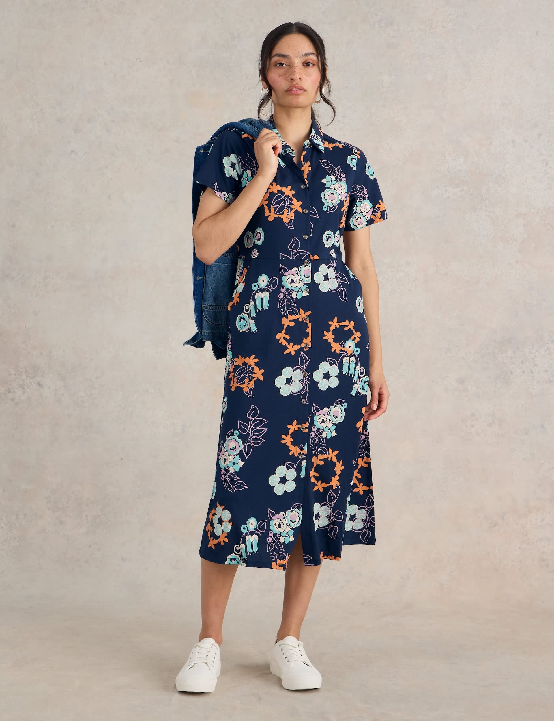 White Stuff Women's Cotton Blend Jersey Printed Midi Shirt Dress - 12REG - Navy Mix, Navy Mix