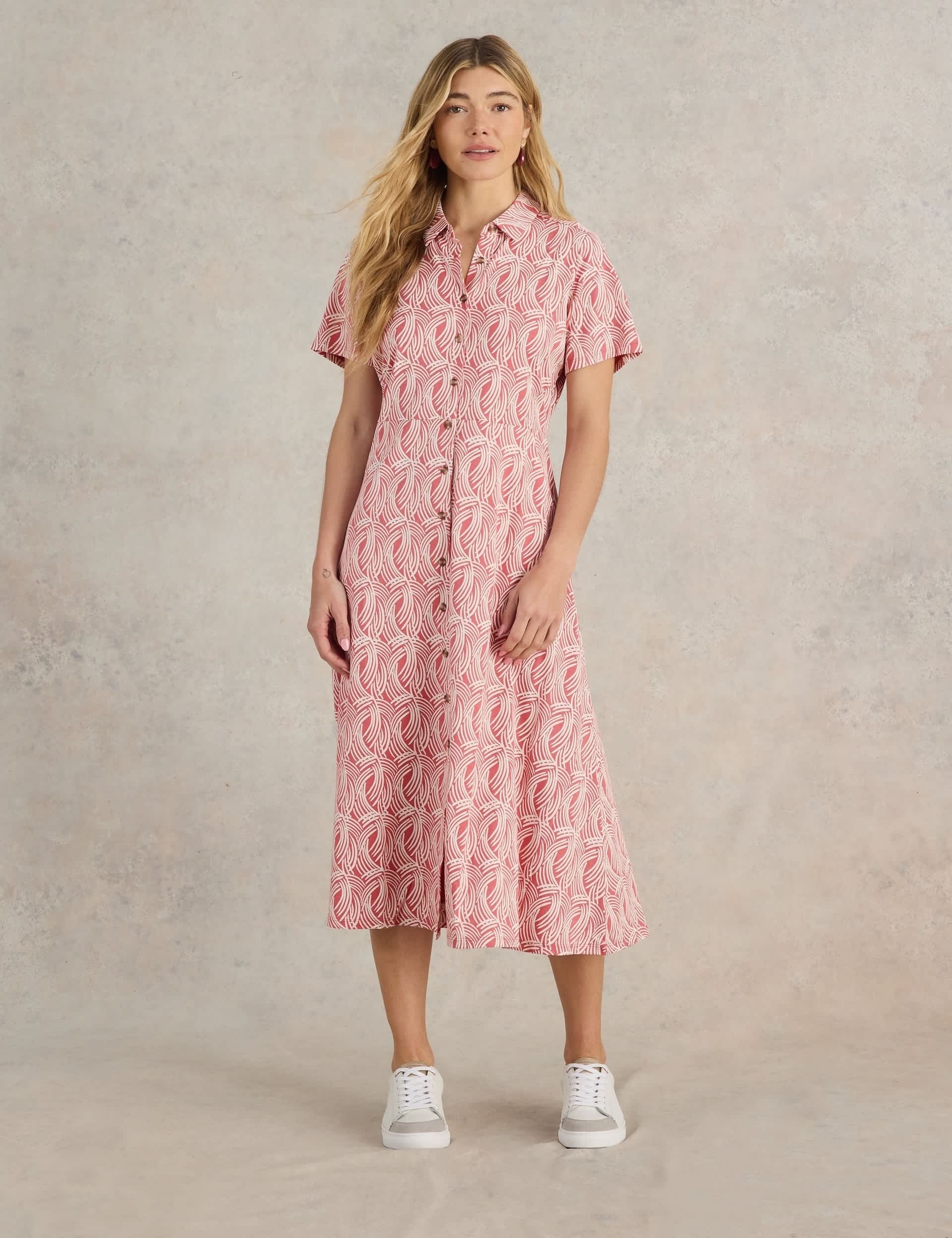 White Stuff Women's Cotton Blend Jersey Printed Midi Shirt Dress