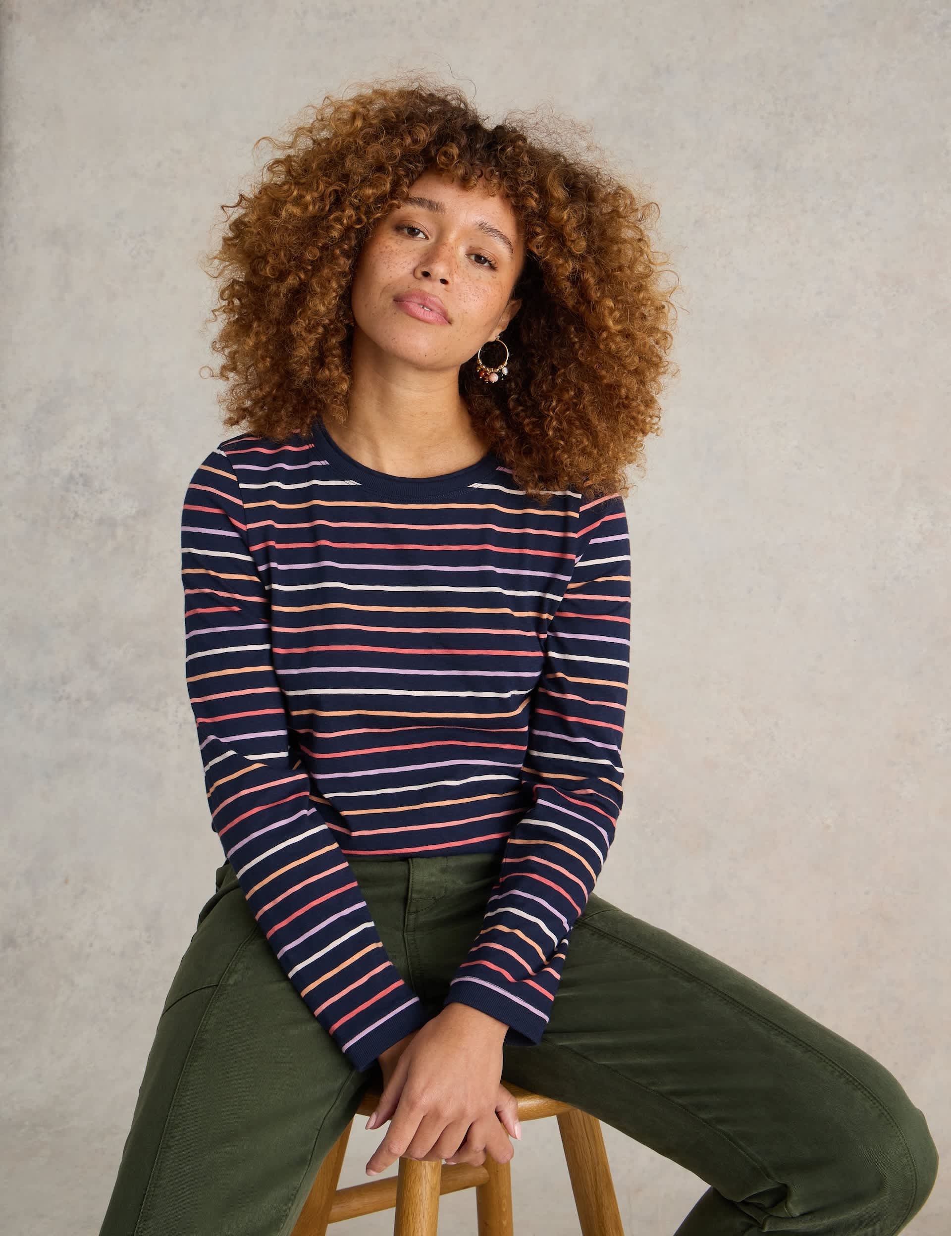 White Stuff Women's Pure Cotton Striped Top - 12 - Navy Mix, Navy Mix