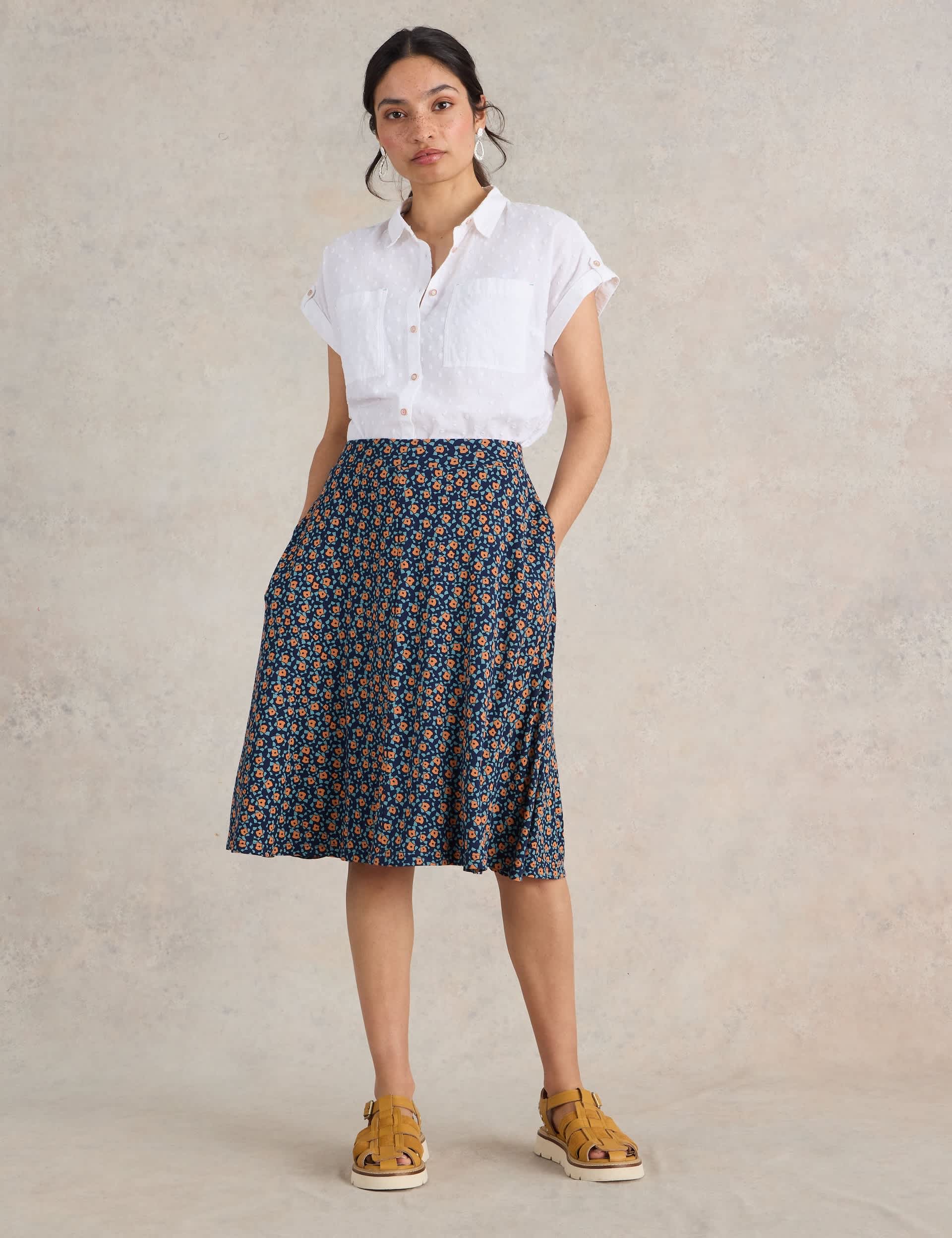 White Stuff Women's Jersey Printed Knee Length A-Line Skirt - 10 - Navy Mix, Navy Mix