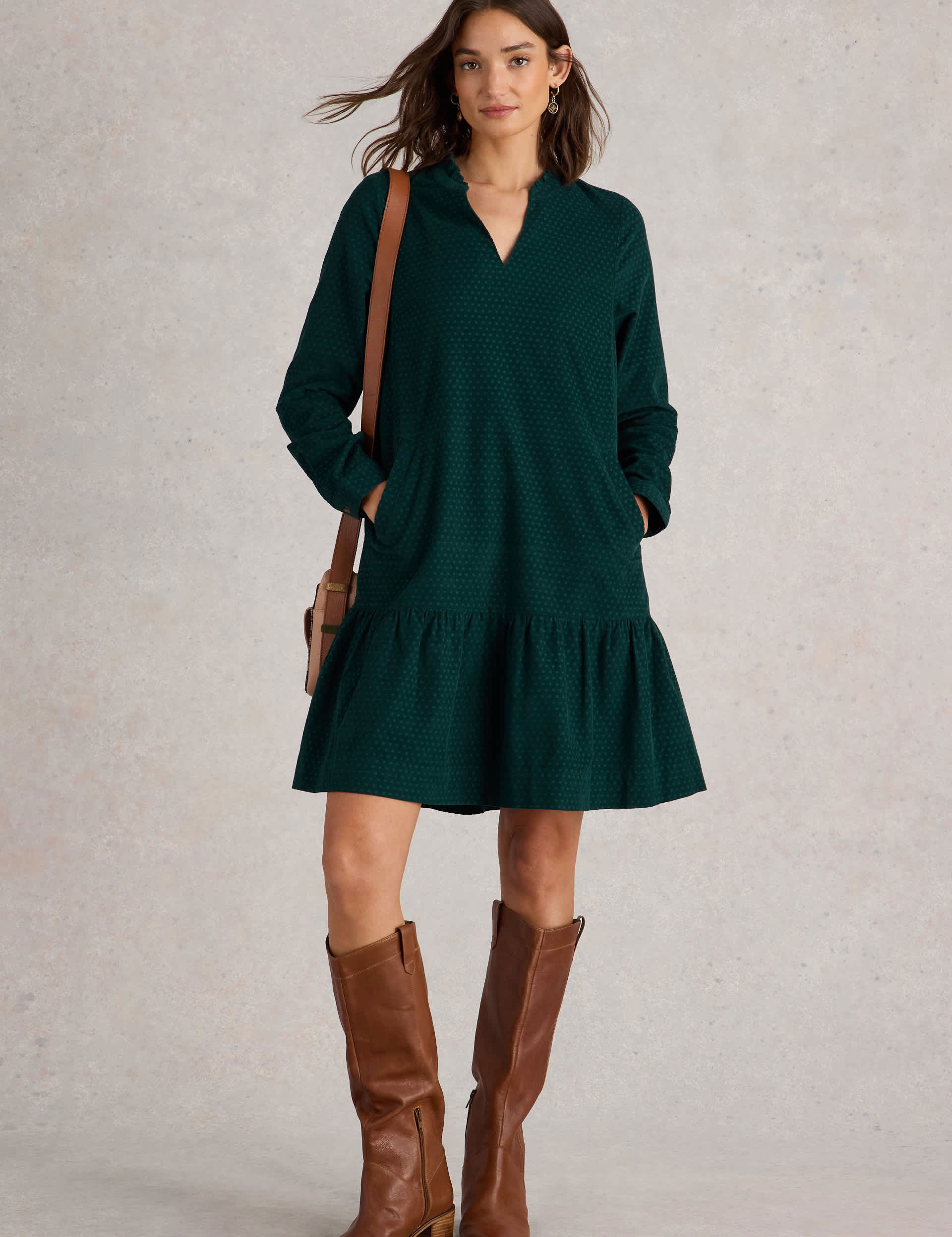 White Stuff Women's Cord Notch Neck Knee Length Tea Dress