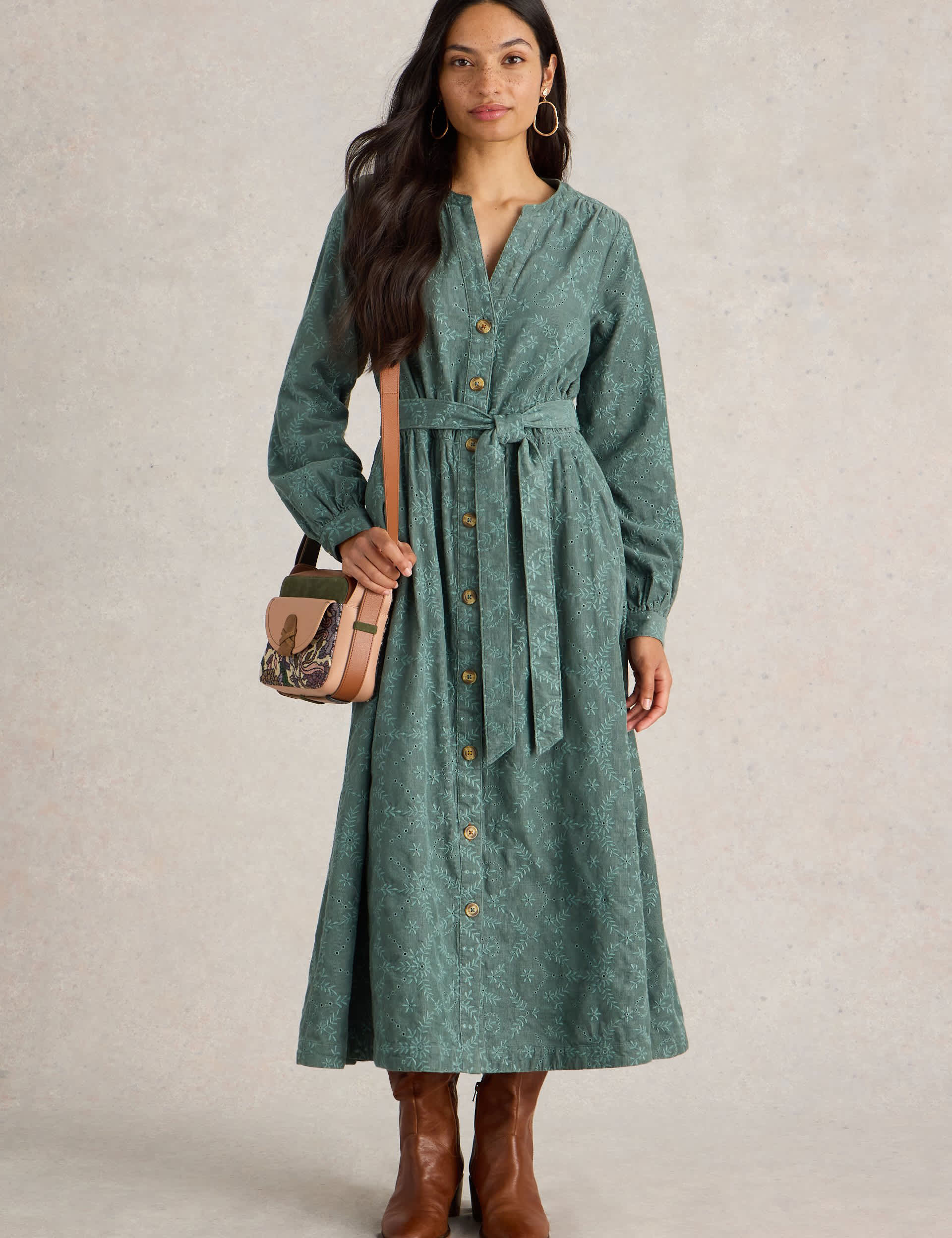 White Stuff Women's Cord Embroidered Maxi Waisted Dress