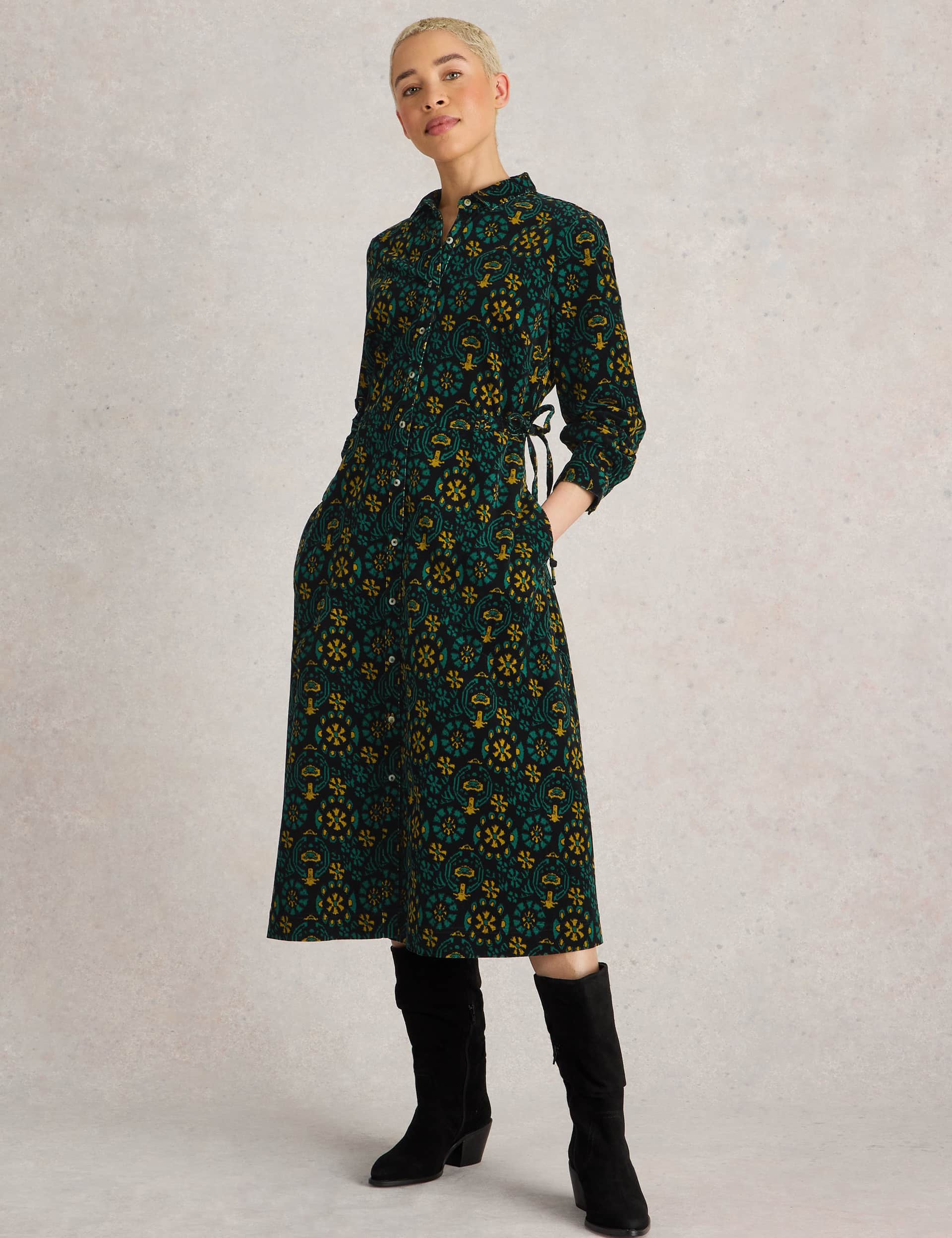 White Stuff Women's Cord Printed Midi Shirt Dress