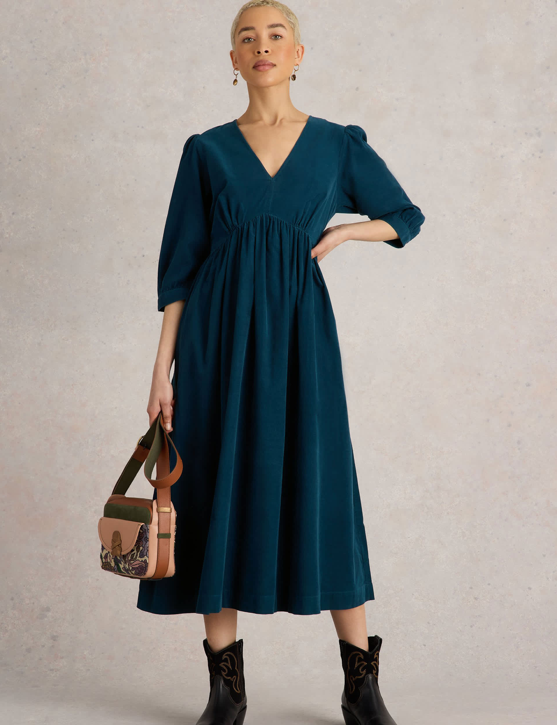 White Stuff Women's Pure Cotton Cord V-Neck Midi Tea Dress - 14REG - Teal, Teal