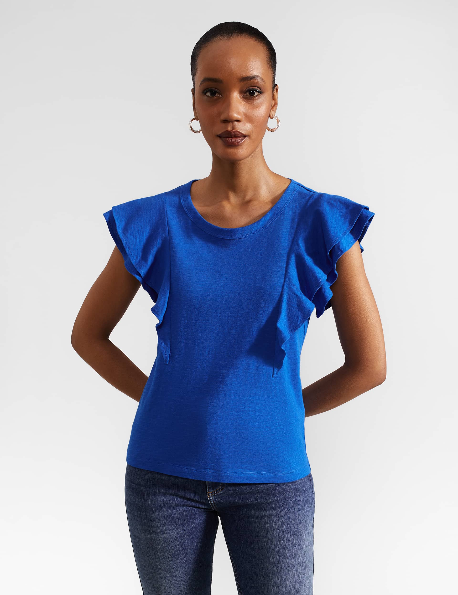 Hobbs Women's Pure Cotton Ruffle Top - M - Blue, Blue