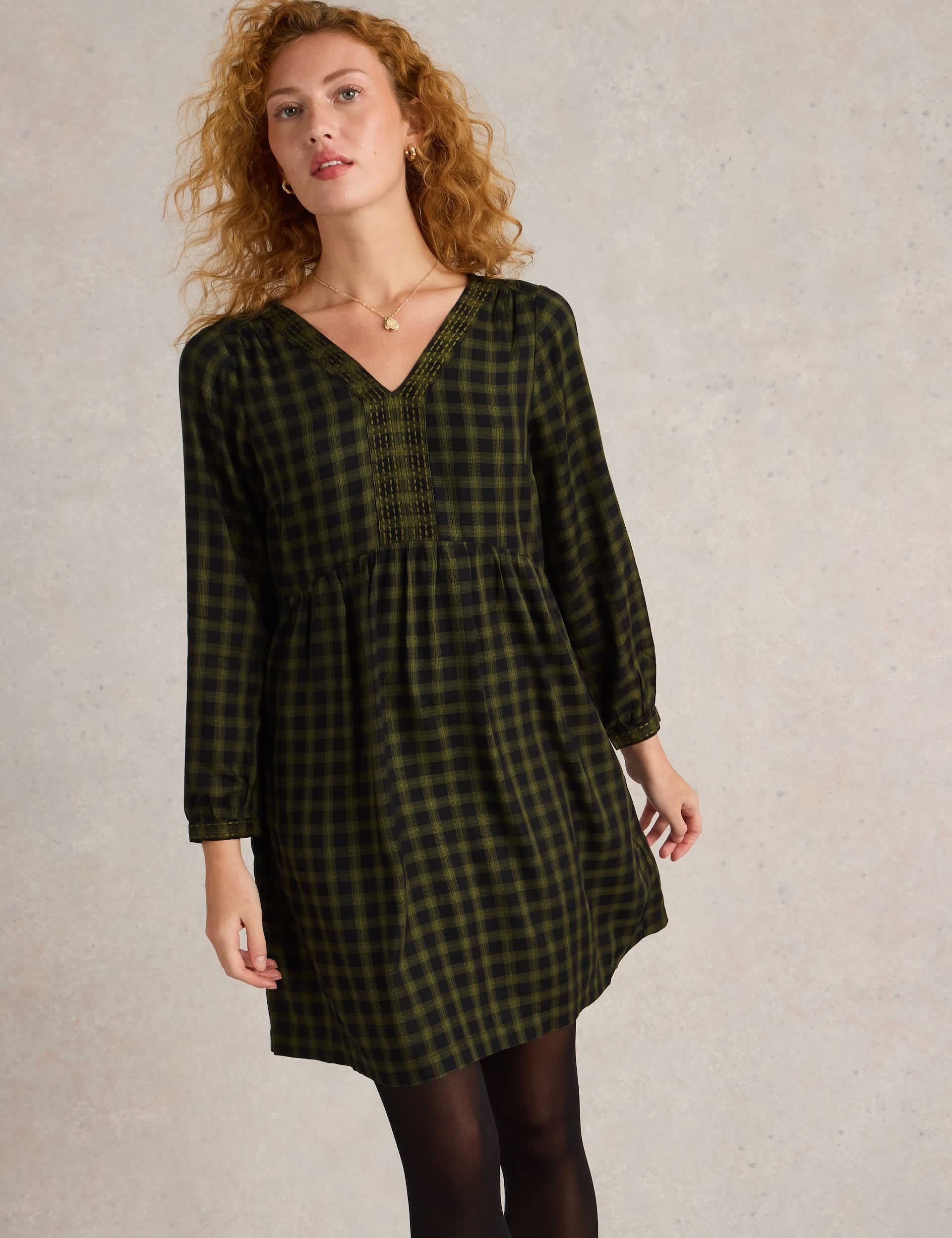 White Stuff Women's Checked V-Neck Knee Length Waisted Dress - 12 - Green Mix, Green Mix